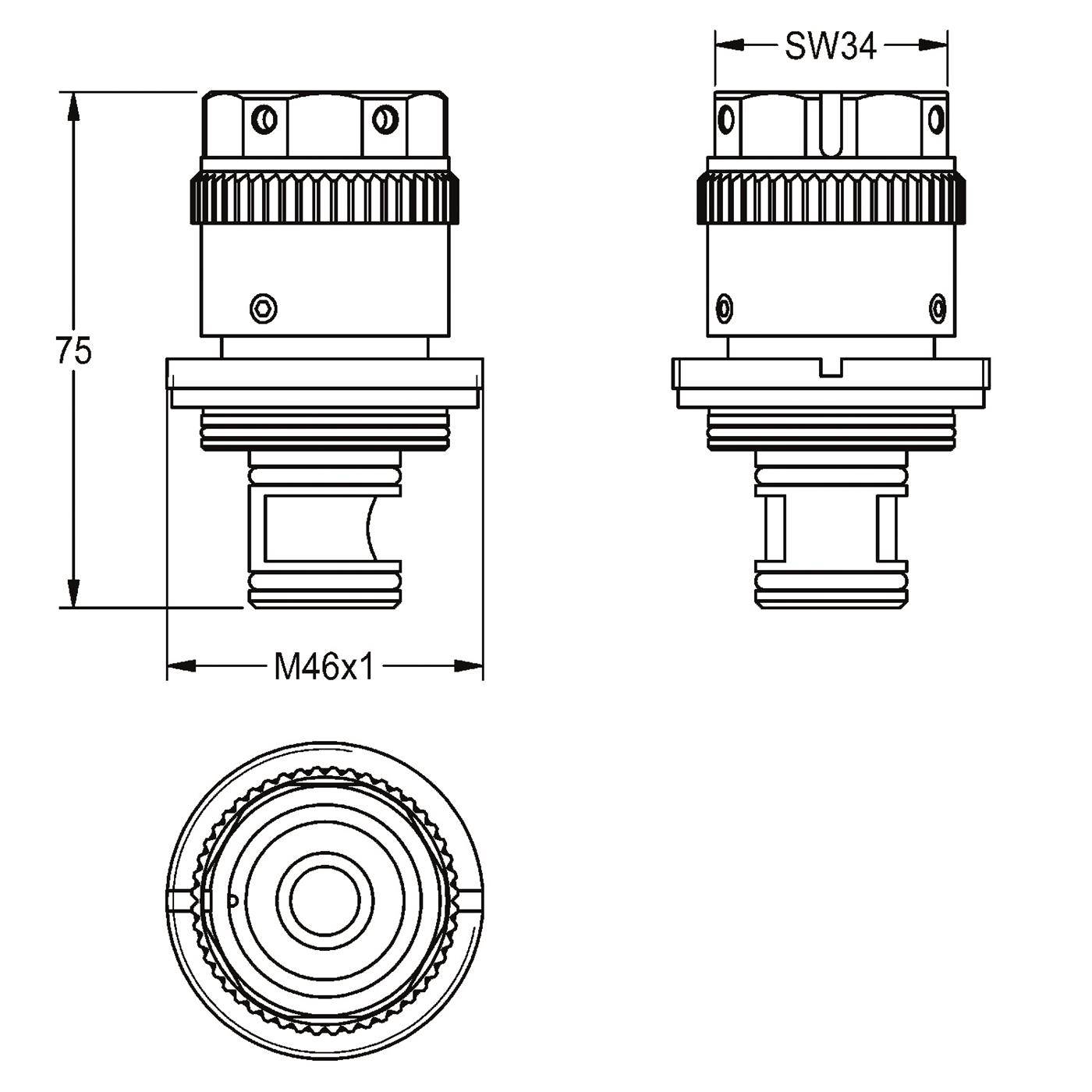 Technische Zeichnung einer zylindrischen Gewindekomponente, dargestellt in Vorder-, Seiten- und Draufsicht mit den Abmessungen 75, SW34 und M46x1.