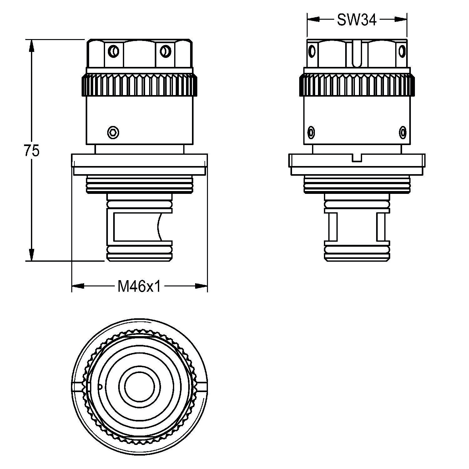 Technische Zeichnung einer mechanischen Komponente mit Abmessungen: ein zylindrischer Teil mit Beschriftung 'M46x1', 75 mm Höhe und 'SW34'. Ansichten von oben, der Seite und von unten.
