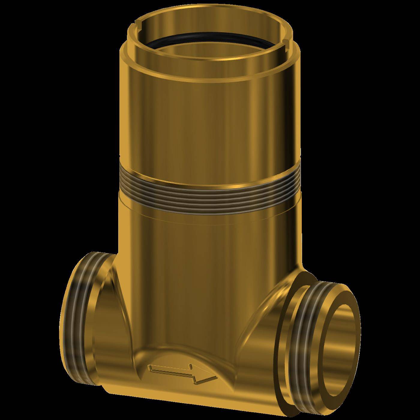 Goldfarben metallische Sanitärarmaturen mit vertikalem zylindrischem Körper und zwei horizontalen Gewinde-Seitenausgängen, gezeigt auf schwarzem Hintergrund.