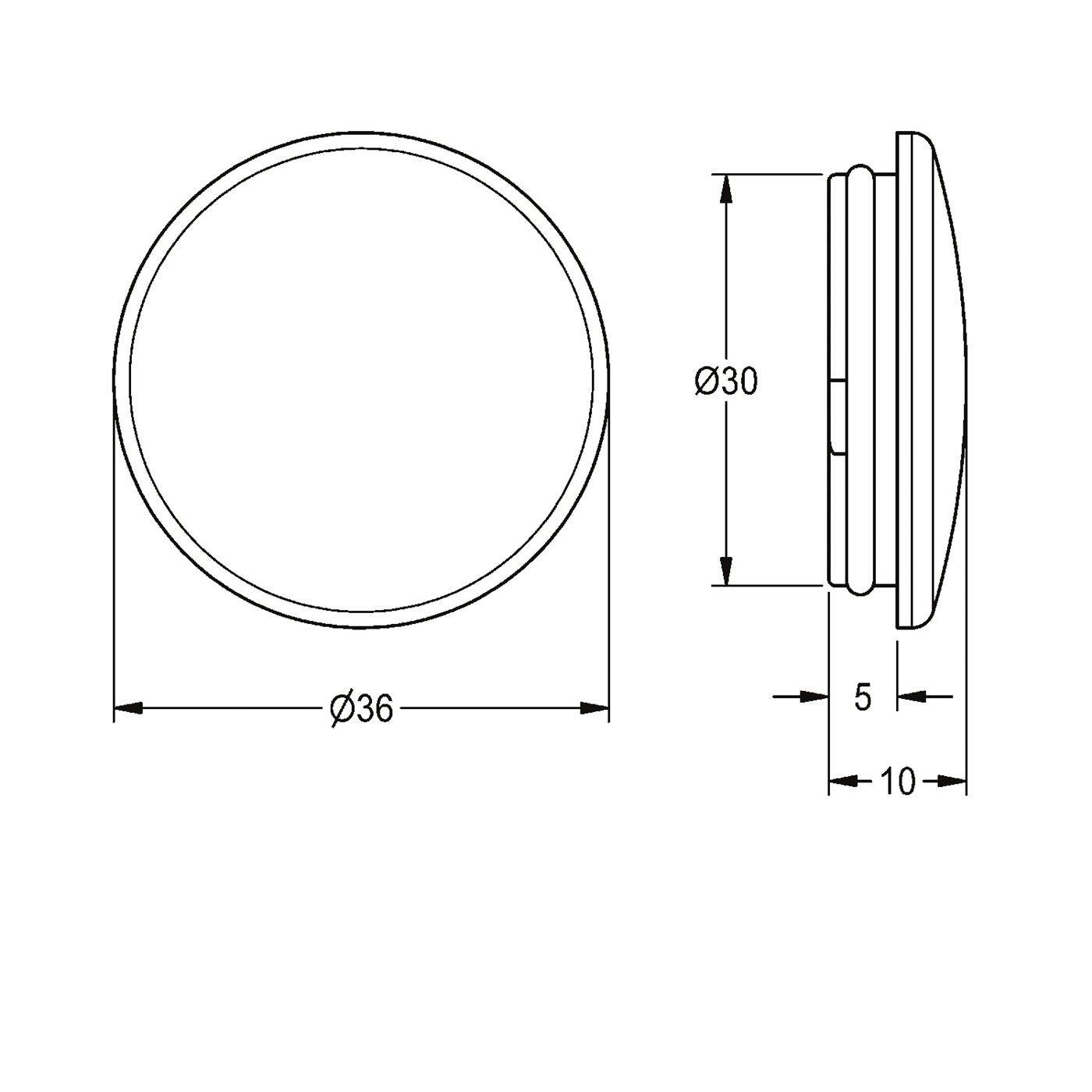 Technische Zeichnung eines runden Teils: Vorderansicht Ø36, Seitenansicht Ø30 mit Dickendimensionen von 5 mm und 10 mm.