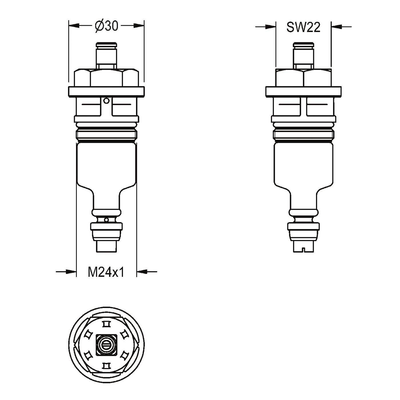 Technische Zeichnung einer zylindrischen Zündkerze mit Vorder- und Seitenansicht mit den Abmessungen Ø30, SW22 und M24x1 sowie einer Draufsicht.