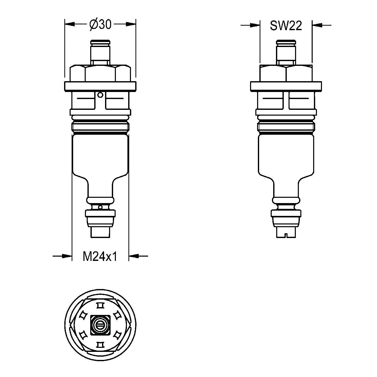 Eine technische Zeichnung, die einen Sensor mit den Maßangaben: ø30, SW22, M24x1 zeigt. Die Draufsicht offenbart die Anschlusspins und deren Anordnung.
