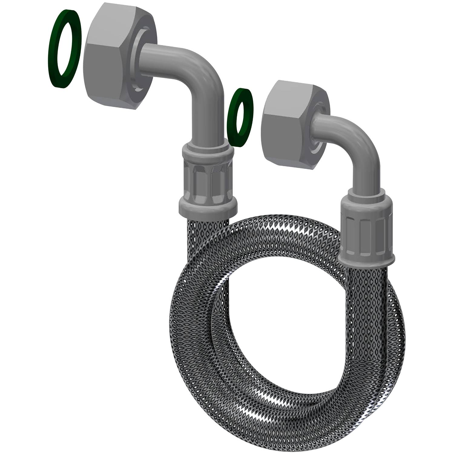 Zwei graue Rohrarmaturen mit grünen O-Ringen, verbunden durch einen flexiblen geflochtenen Schlauch in einer gespulten Form, vor einem schwarzen Hintergrund.