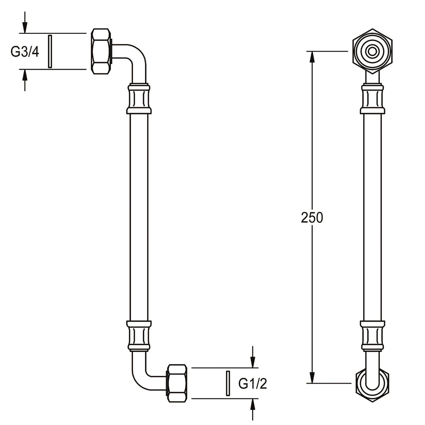 Technische Zeichnung einer Schlaucharmatur mit G3/4 und G1/2 Gewinde-Anschlüssen, zeigt eine Länge von 250 mm zwischen den Enden.