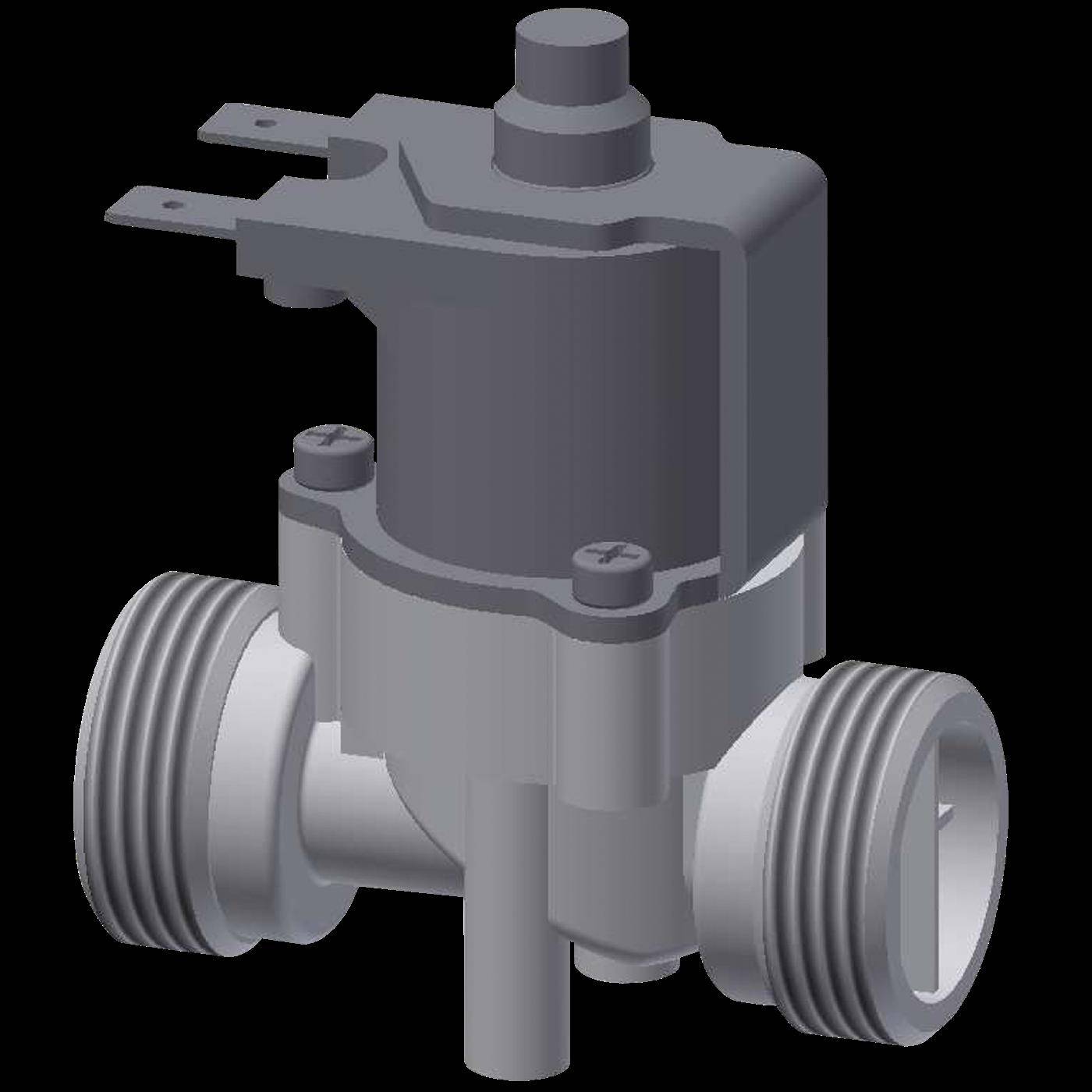 Graues elektrisches Magnetventil mit Gewinde-Einlass- und Auslassanschlüssen, dargestellt in einer 3D-Produktabbildung auf schwarzem Hintergrund.