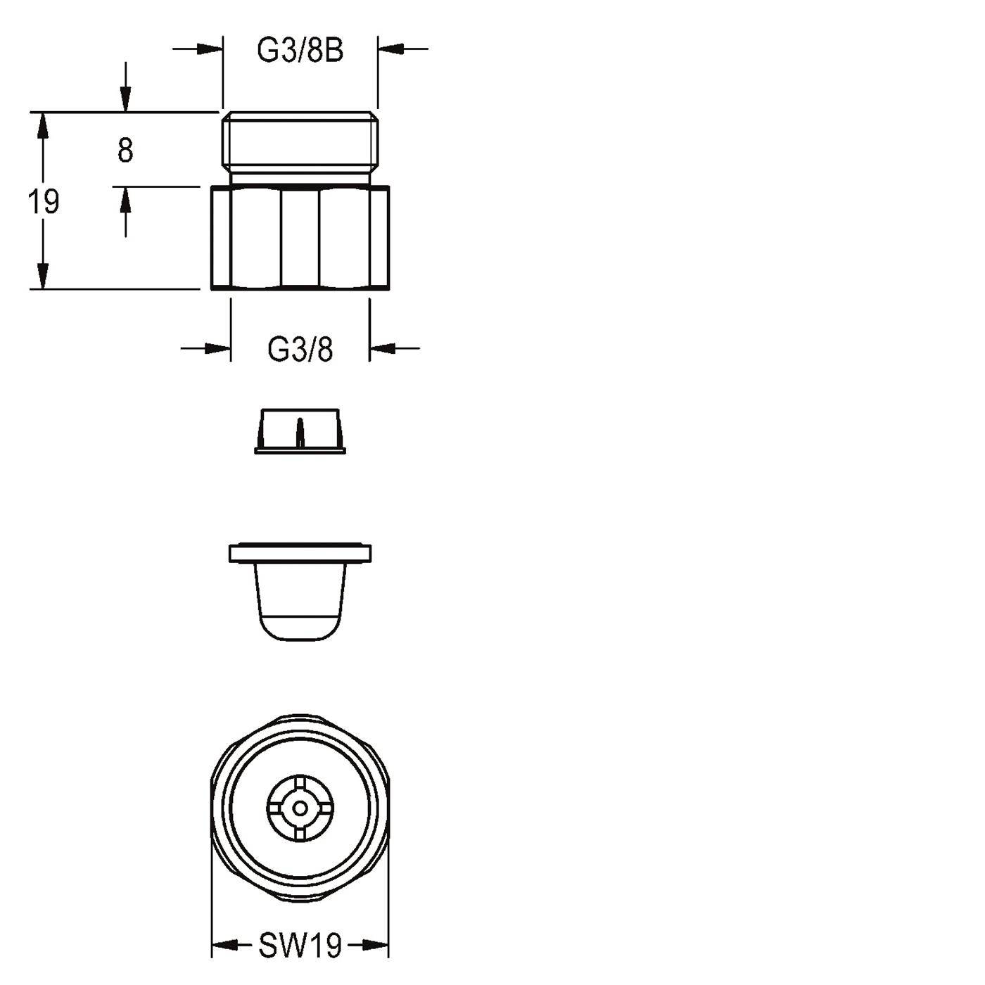 Technische Zeichnung einer G3/8B-Verschraubung, mit den Abmessungen 19 und 8 mm sowie einem 19 mm Sechskantschlüssel (SW19), mit Draufsicht, Seitenansicht und Endansicht.