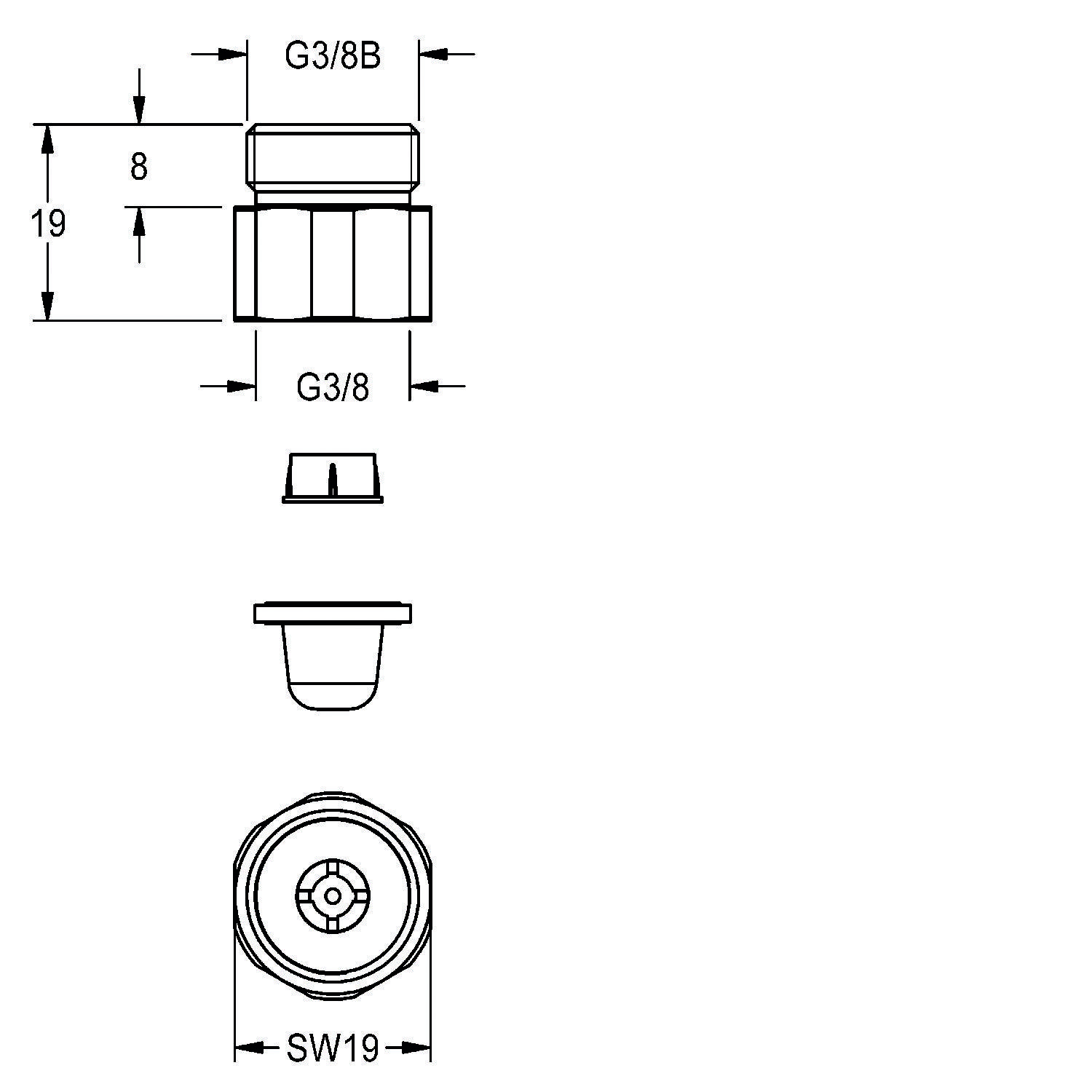 Technische Zeichnung eines Gewindeanschlusses, G3/8', Durchmesser 19 mm. Seiten- und Draufsicht inklusive, mit Maßangaben und sechseckiger Oberseite.