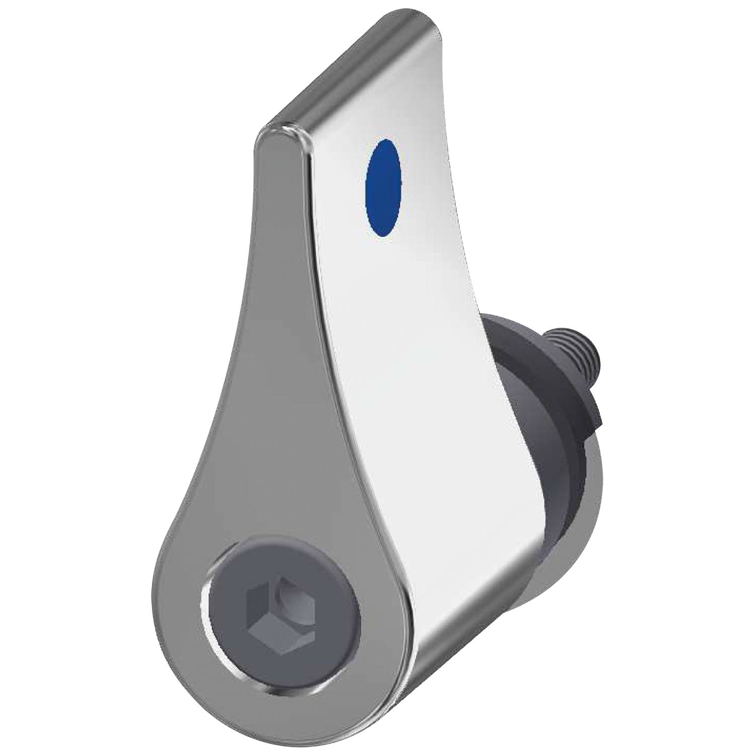 Silberner metallischer Ausguss mit einer kleinen blauen Anzeige auf schwarzem Hintergrund, ausgestattet mit einer kreisförmigen Basis und einem Befestigungsbolzen.