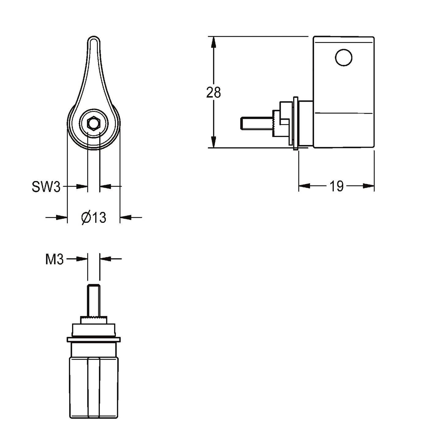 Technische Linienzeichnung einer kleinen Schalter- oder Drehknopfkomponente mit Vorder-, Seiten- und Draufsicht, die Abmessungen SW3, Ø13, M3, 28 und 19 zeigt.