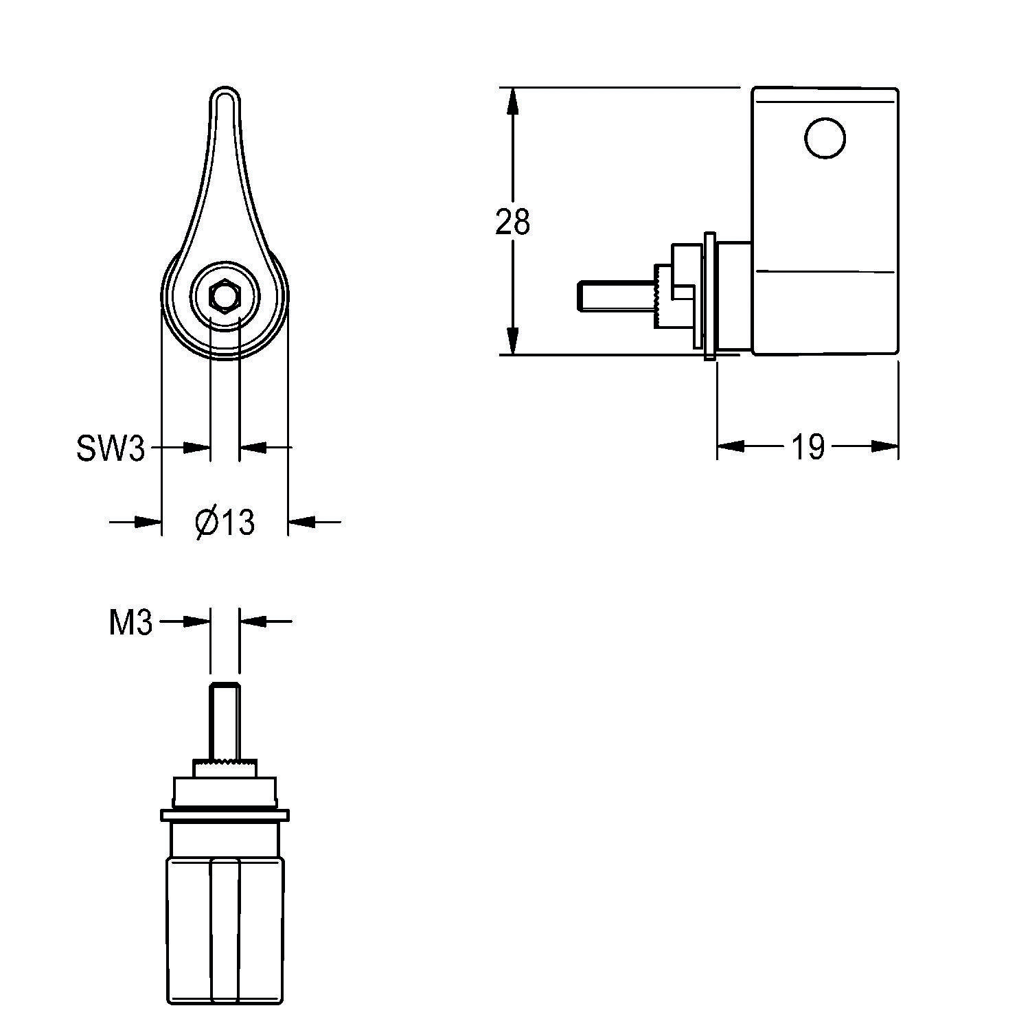 Technische Zeichnung einer mechanischen Komponente mit einem Hebel und Abmessungen: Breite 19, Höhe 28, Schraubendurchmesser 13, beschriftet mit M3 und SW3.