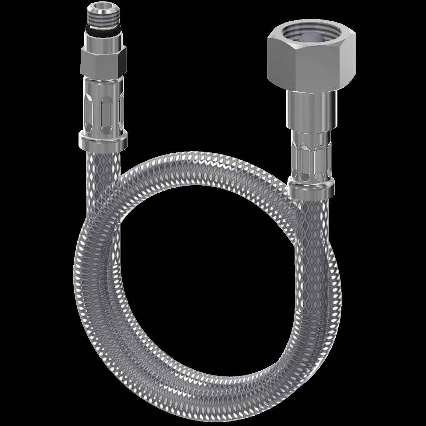 Flexibler geflochtener Metallschlauch mit Gewinde-Armaturen an beiden Enden, in einer Schleife gegen einen schwarzen Hintergrund aufgerollt.