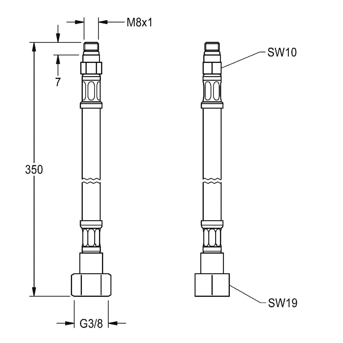 Technische Maßzeichnung einer 350 mm Zylinderbefestigung, oben mit M8x1 gekennzeichnet, unten mit G3/8, mit Schlüsselweiten SW10 und SW19.