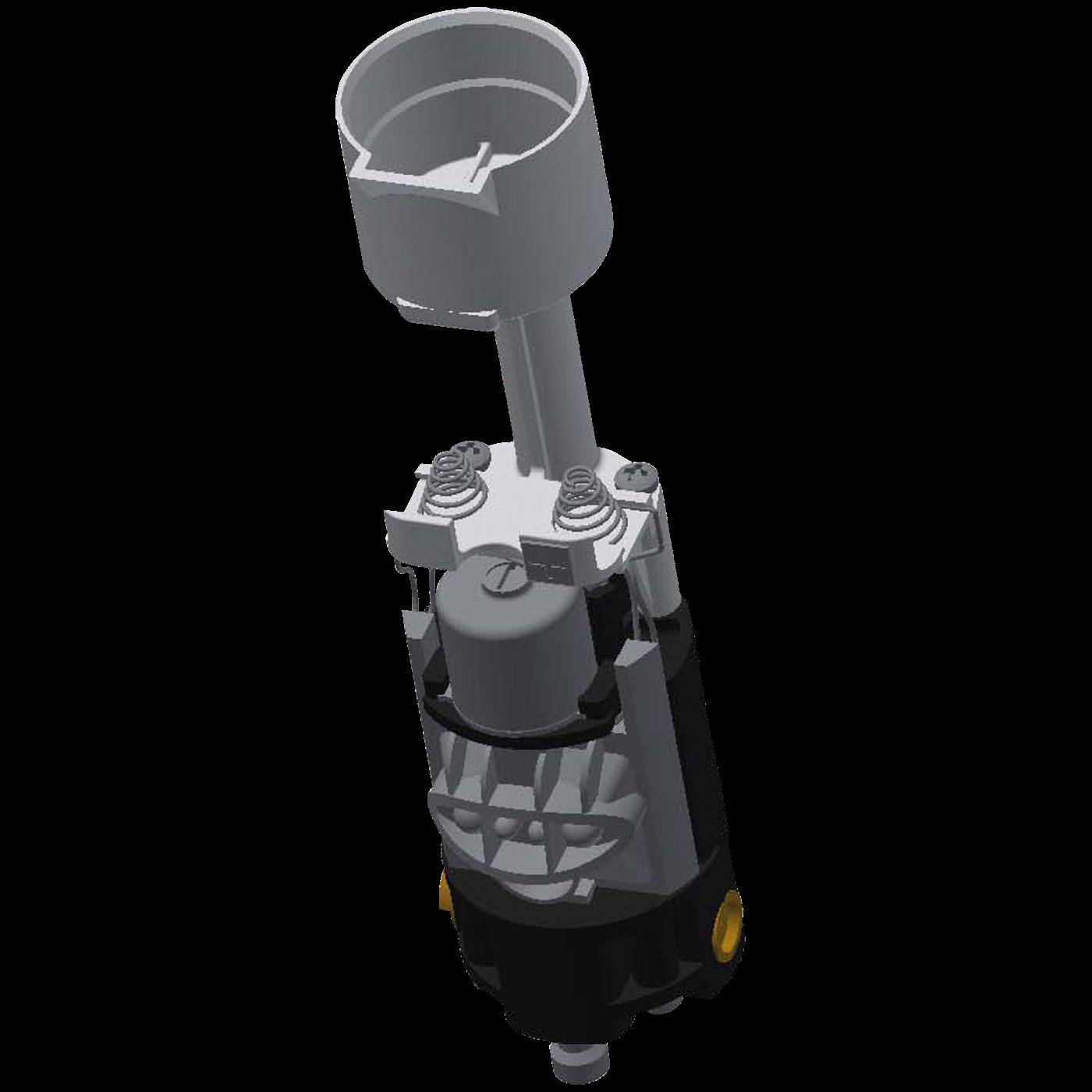 3D-Modell eines mechanischen Bauteils mit trichterförmiger Oberseite, federbelasteter oberer Sektion und zylindrischem Körper auf schwarzem Hintergrund.