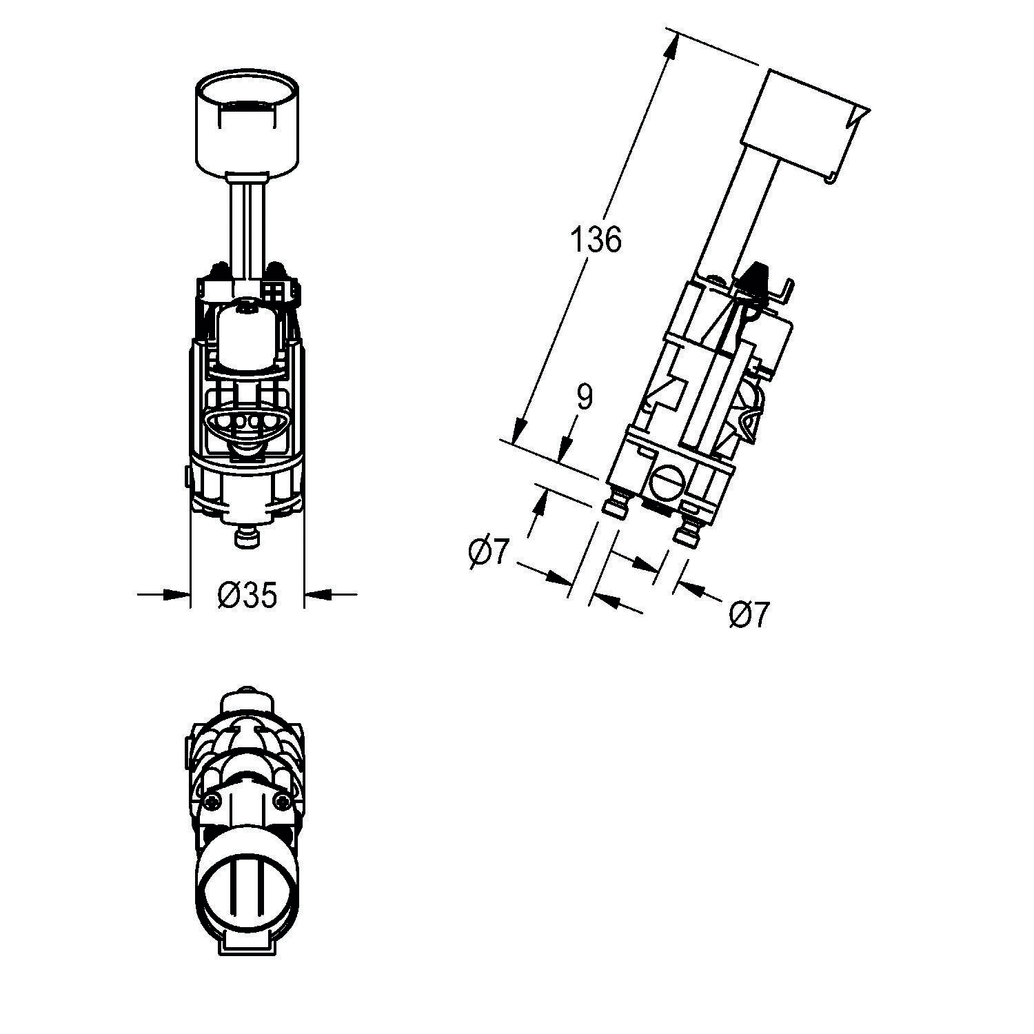 Technische Zeichnung einer mechanischen Komponente, einschließlich Abmessungen: Länge 136, Breite 35, zwei kleinere Teile jeweils 7. Aus Draufsicht und Seitenansicht betrachtet.
