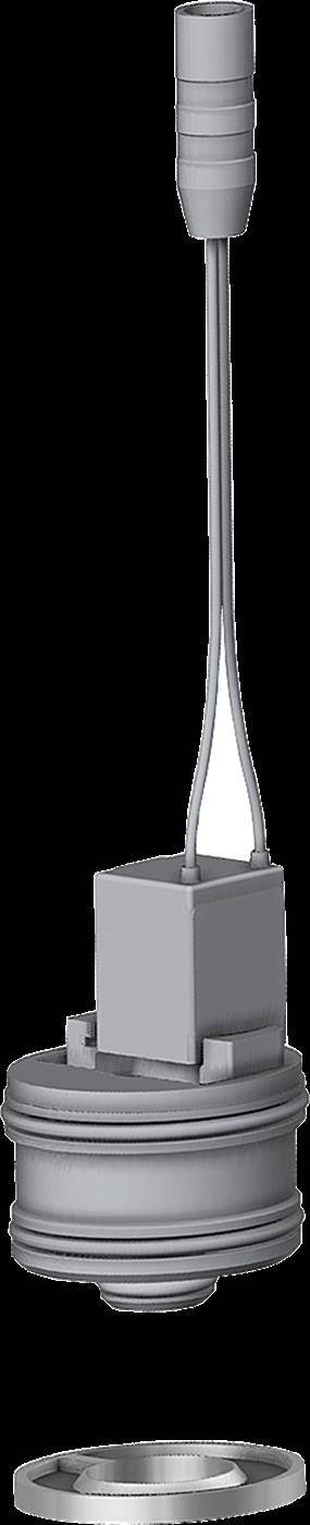 Graue mechanische Baugruppe mit einer langen zentralen Welle, zylindrischer Oberseite, quadratischem Mittelteil und gewindelter kreisförmiger Basis, dargestellt getrennt von einem passenden Ring darunter.
