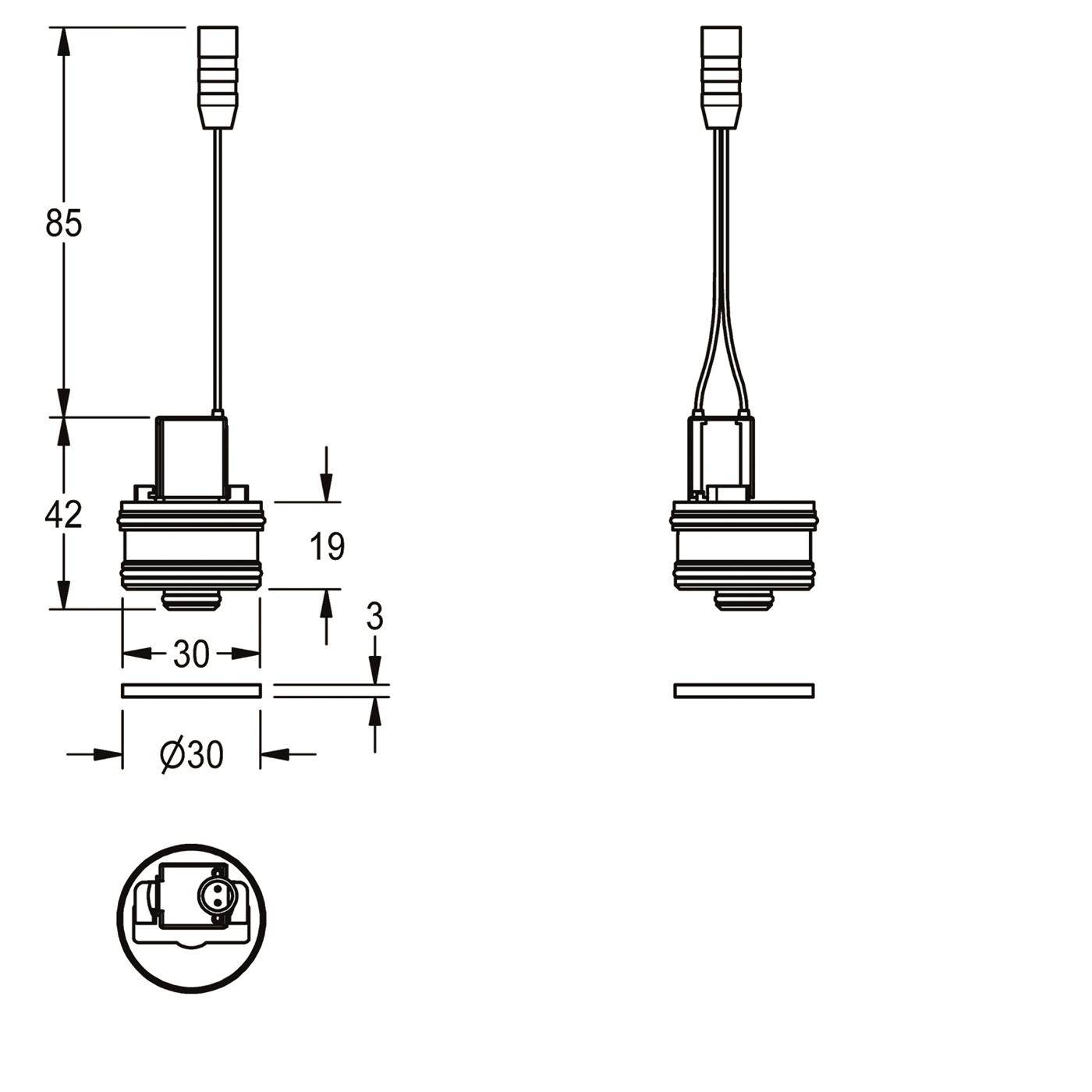 Technische Zeichnung einer zylindrischen elektronischen Komponente mit angebrachtem Draht, zeigt Vorder- und Seitenansicht sowie Abmessungen 85, 42, 19, 30, 3 und Durchmesser 30 mm.