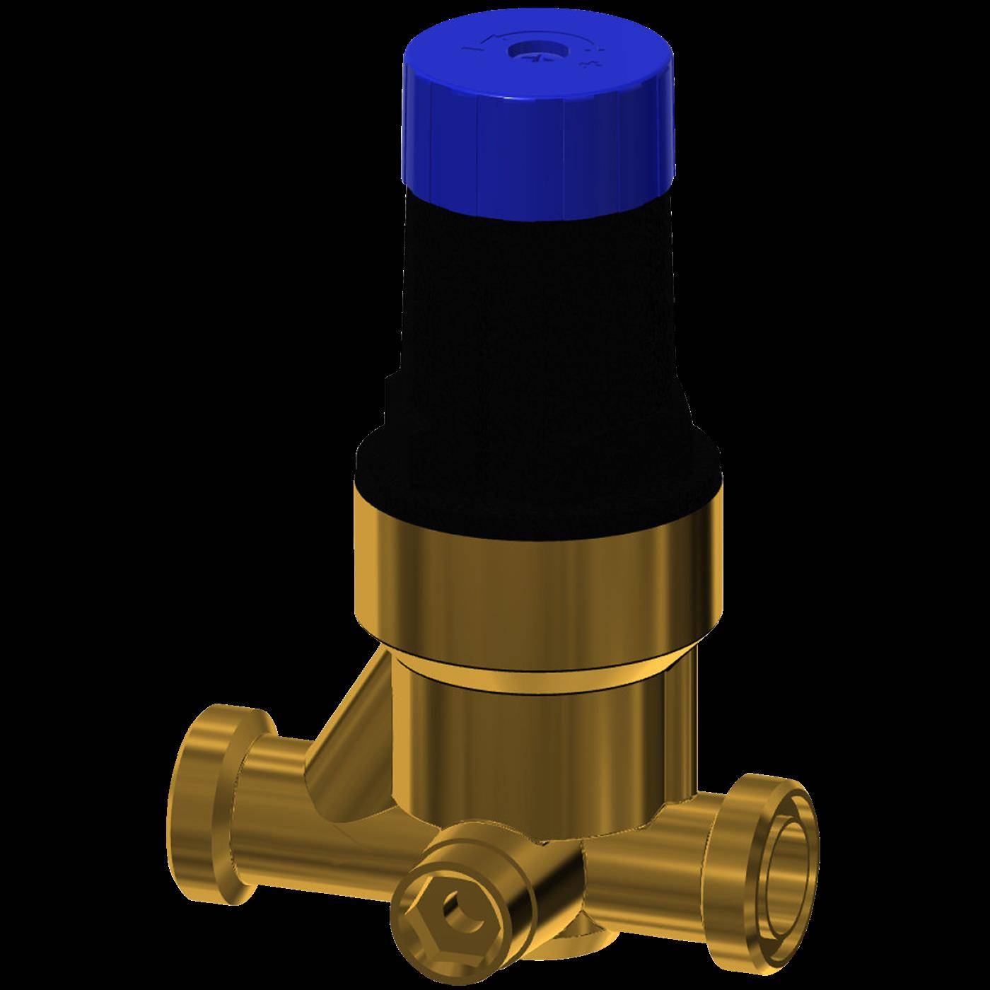 Goldmessing-Sanitärventil mit blauer Oberkappel und drei Rohrverbindungen auf schwarzem Hintergrund.
