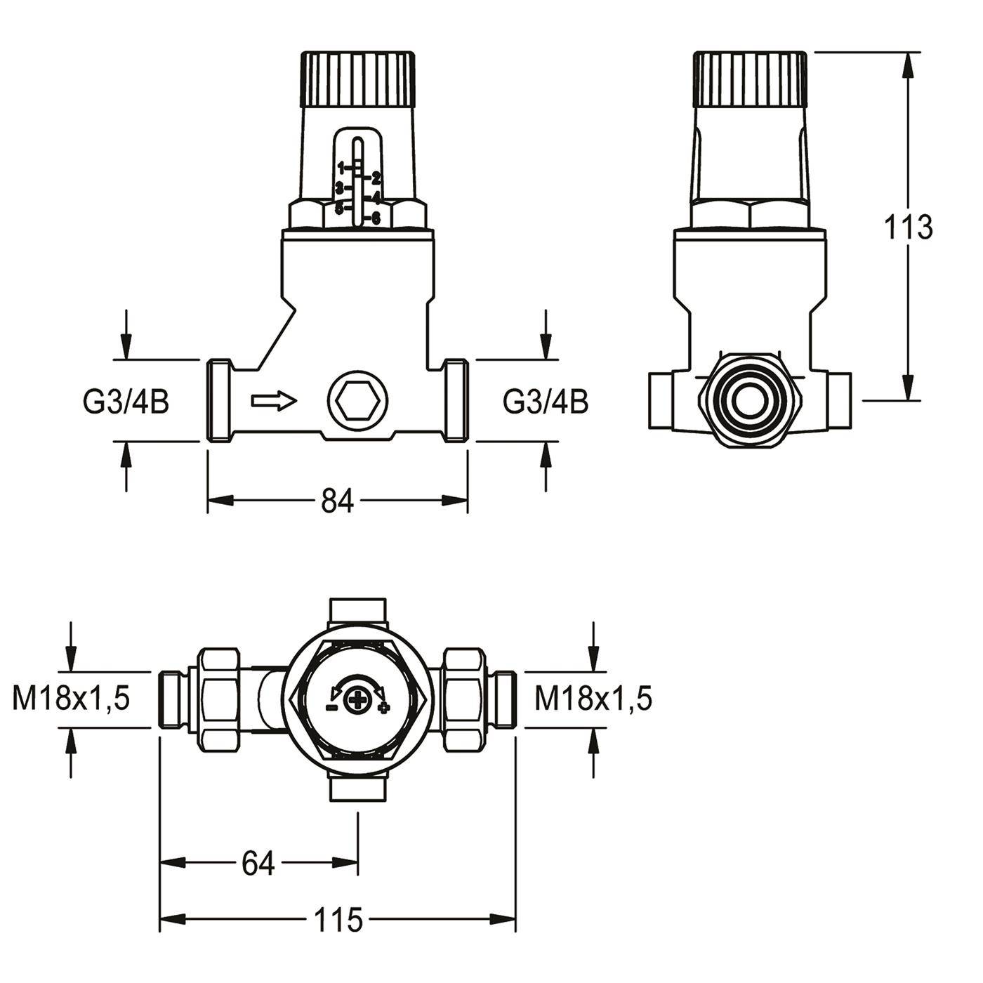 Technische Maßzeichnung eines Ventils/Reglers mit drei Ansichten, zeigt G3/4B und M18x1,5 Anschlüsse und Abmessungen 84, 113, 64 und 115 mm.
