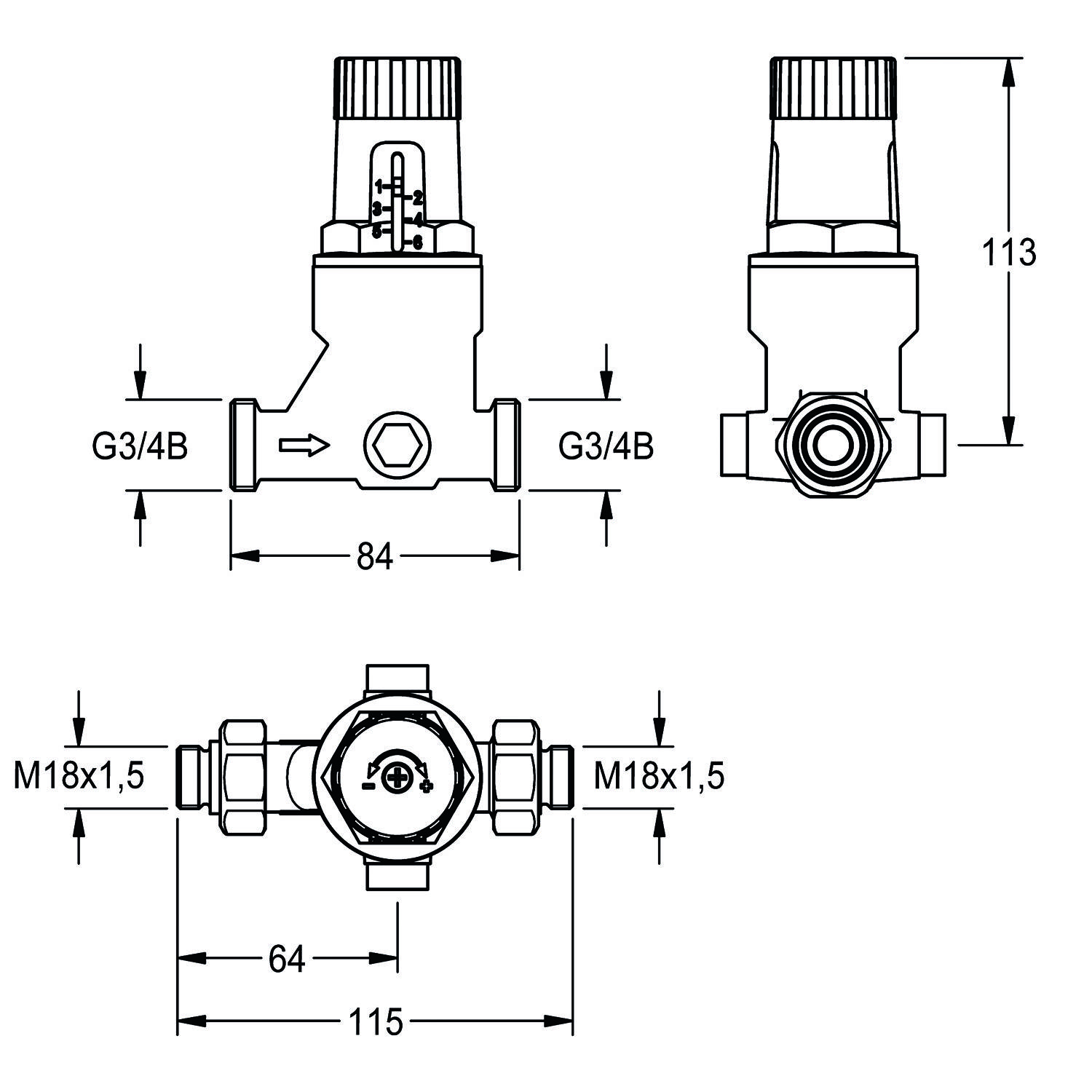 Technische Zeichnung eines Ventils mit Abmessungen: Breite 115 mm, Höhe 113 mm und zusätzlichen Maßangaben der Anschlüsse und Einzelteile.