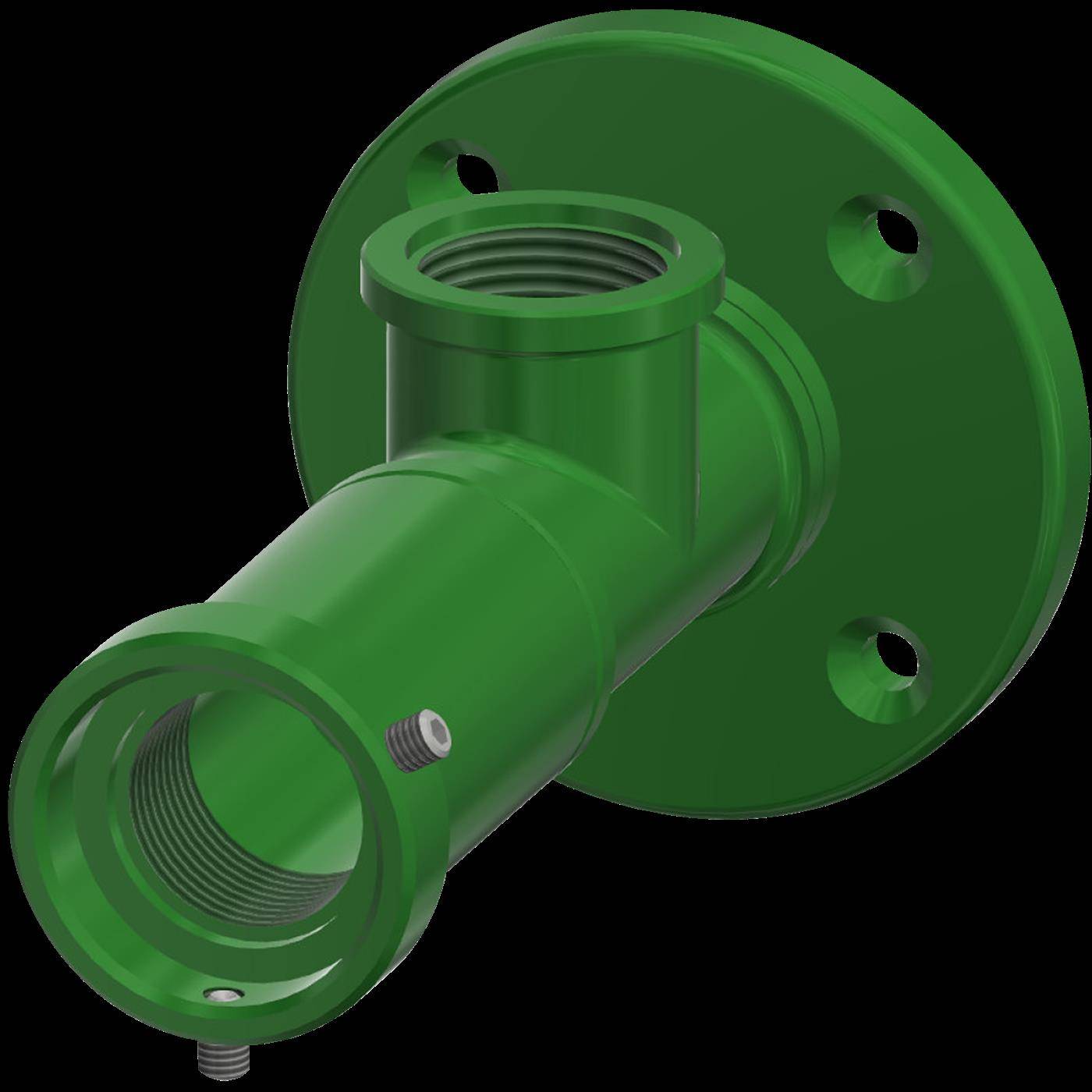 Grünes Metallleitungsverbindungsstück mit flanschtem Sockel und Gewinde-Öffnungen, dargestellt in einer produktgerechten 3D-Renderung auf schwarzem Hintergrund.