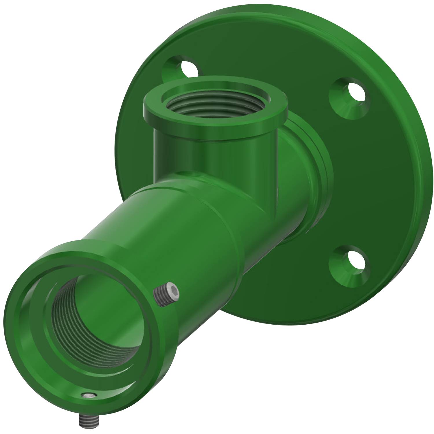 Eine grüne Industrierohrverbindung mit einer geflanschten Basis und Gewindeanschlüssen, geeignet zum Verbinden von Rohrleitungssegmenten.