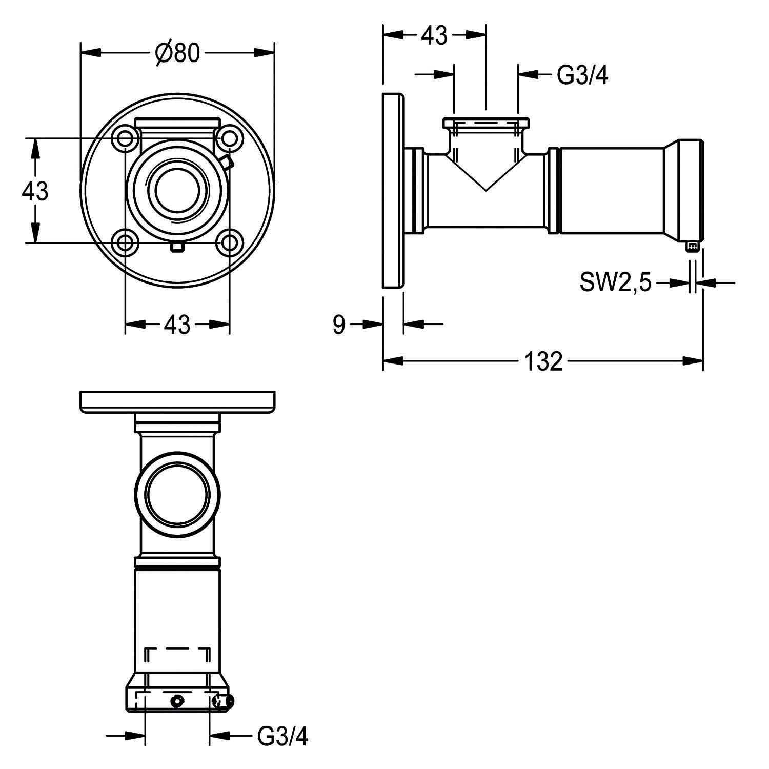Technische Zeichnung einer mechanischen Komponente mit Abmessungen: 132 mm Länge, 43 mm Breite und G3/4 Anschlüssen.