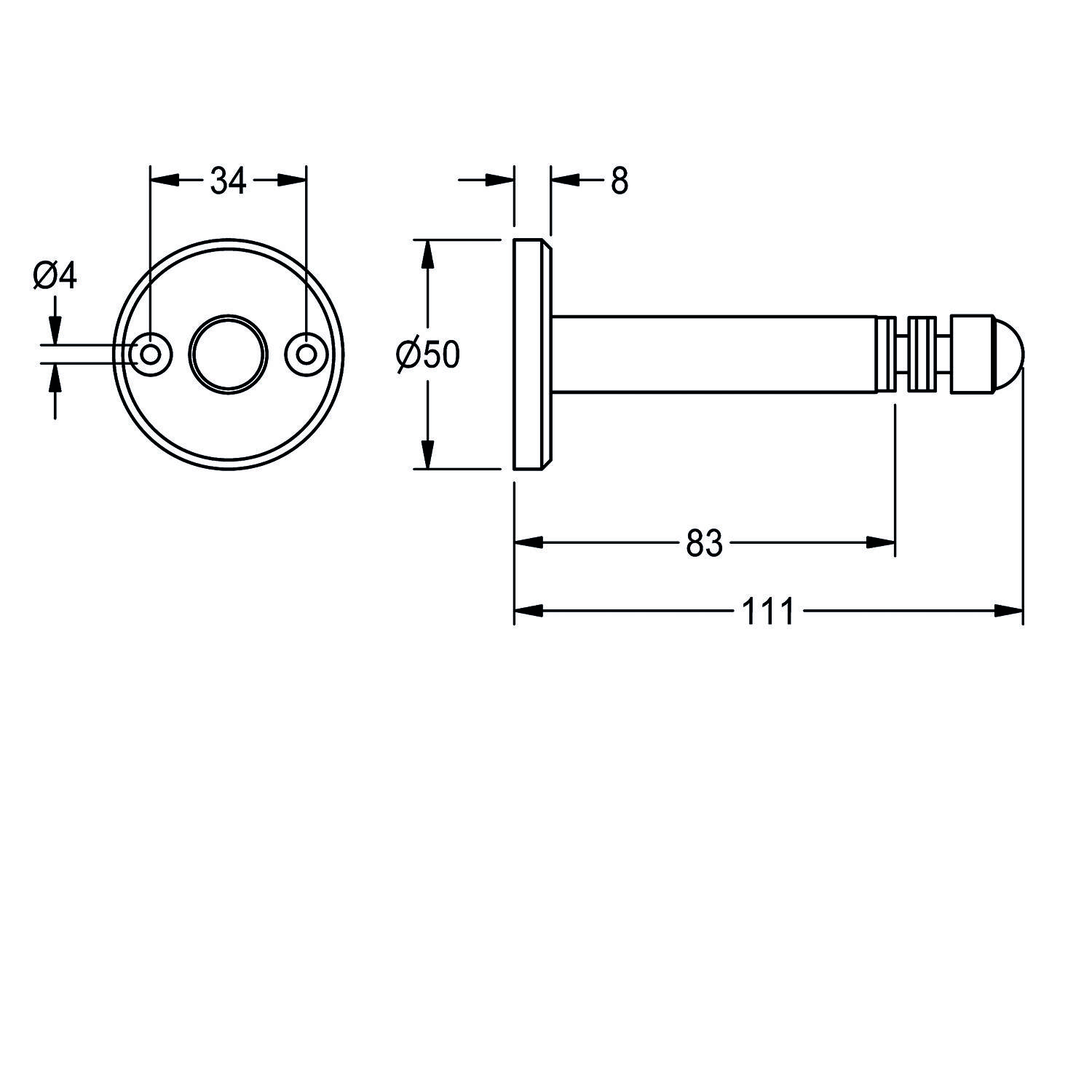 Technische Zeichnung einer Stange mit Abmessungen: Basisduchmesser 50 mm, Länge 111 mm und Stabdurchmesser 8 mm. Basis hat zwei 4 mm große Löcher.
