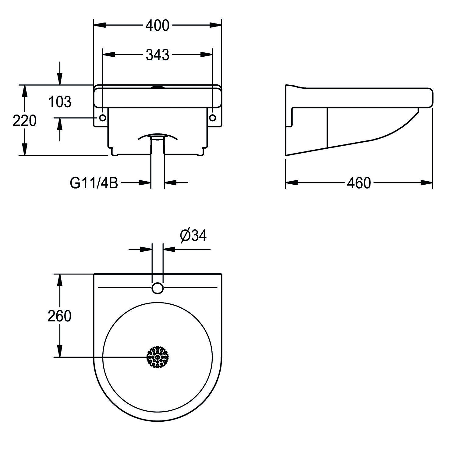 Technische Zeichnung eines wandmontierten Waschbeckens mit Abmessungen: 400 mm Breite, 103 mm Höhe, 460 mm Tiefe. Durchmesser des Ablauflochs beträgt 34 mm.