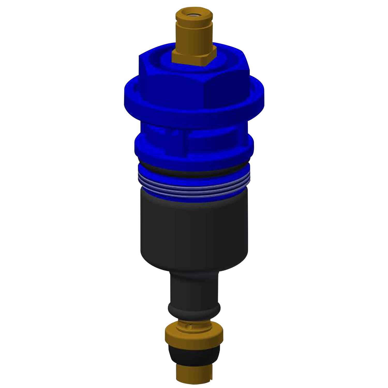 Eine detaillierte 3D-Darstellung einer mechanischen Ventilkomponente mit blauen und goldenen Elementen, wahrscheinlich verwendet in Fluidsteuerungssystemen.