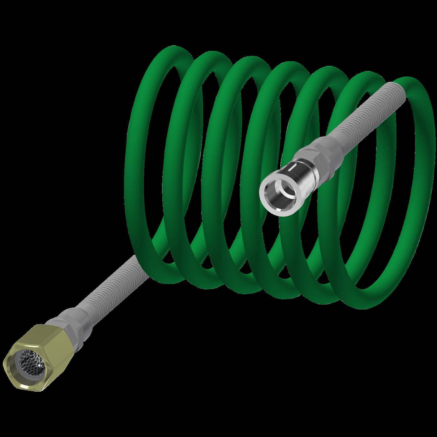 Grüner aufgerollter Schlauch oder Kabel mit Metallanschlüssen an beiden Enden, isoliert auf schwarzem Hintergrund dargestellt.