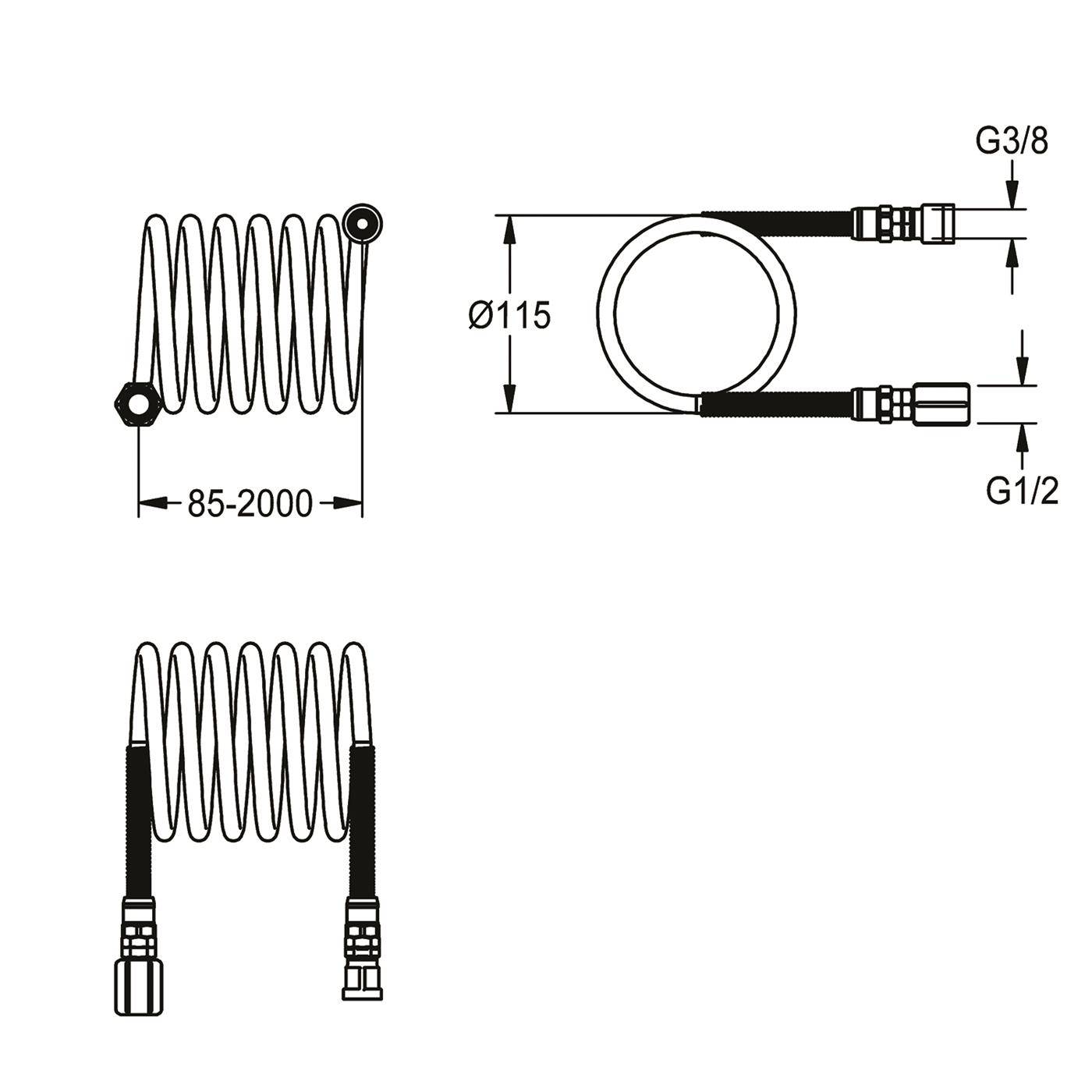 Technische Zeichnung eines aufgerollten Schlauchs/Kabels mit Anschlüssen, die verstellbare Länge 85–2000, Durchmesser Ø115 und G3/8 und G1/2 Endfittinge zeigt.