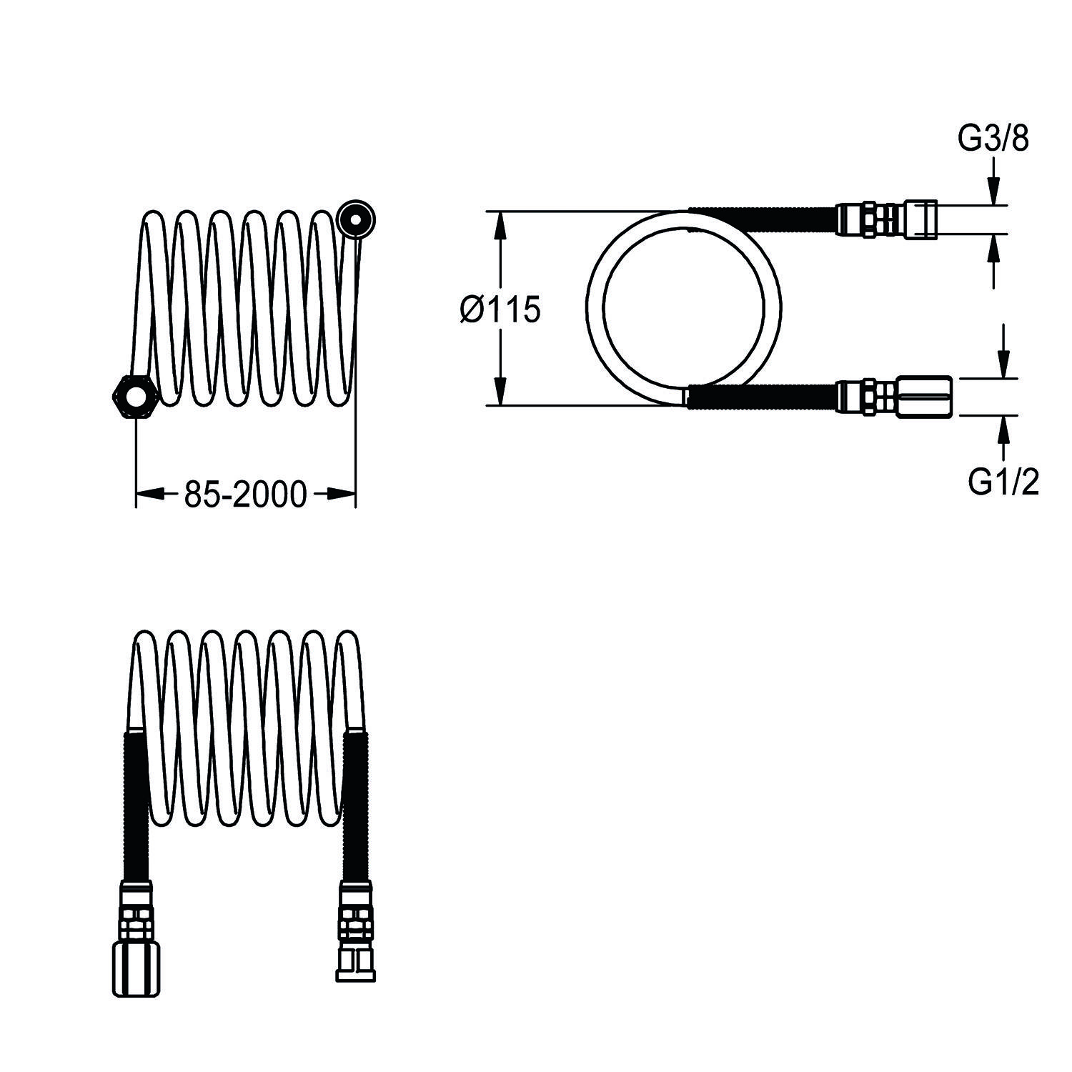 Technische Zeichnung eines gewickelten Schlauchs mit Abmessungen. Links: Länge 85-2000 mm. Rechts: Durchmesser Ø 115 mm, Anschlüsse G3/8 und G1/2.