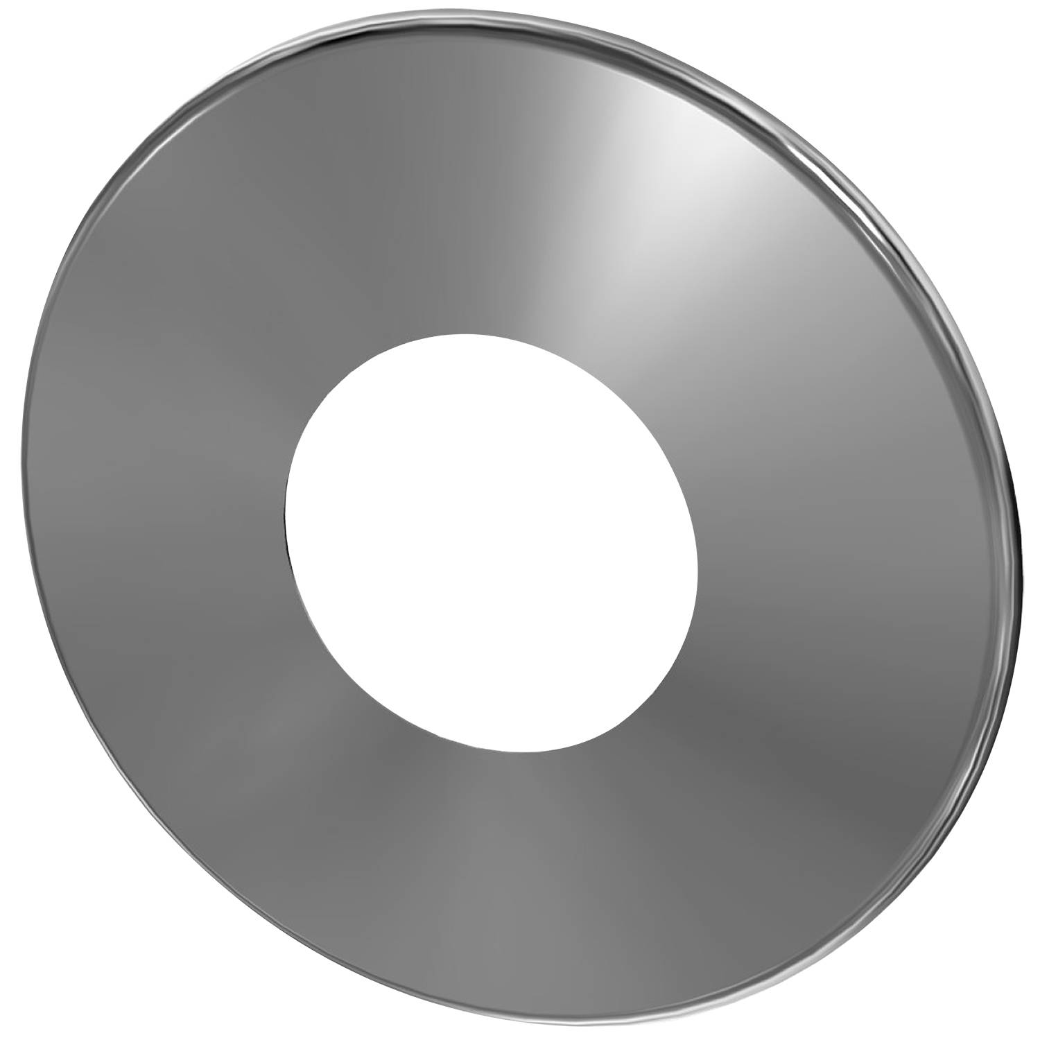 Eine runde, metallische Scheibe mit reflektierender Oberfläche und einem dunklen zentralen Kreis, die von oben betrachtet einer Schallplatte ähnelt.