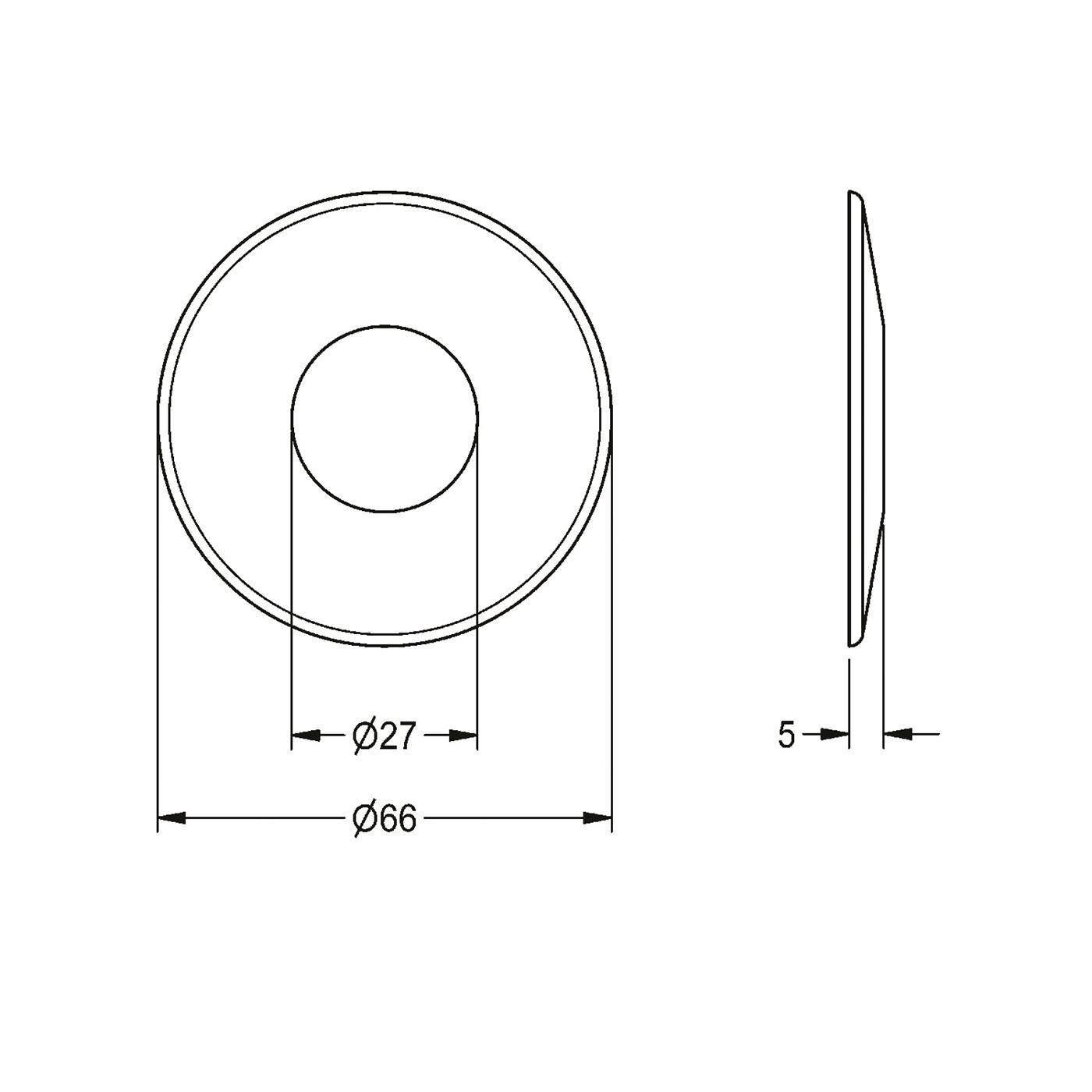 Technische Zeichnung eines kreisförmigen Teils mit zentralem Loch: Außendurchmesser 66 mm, Innendurchmesser 27 mm und 5 mm Dicke dargestellt in der Seitenansicht.