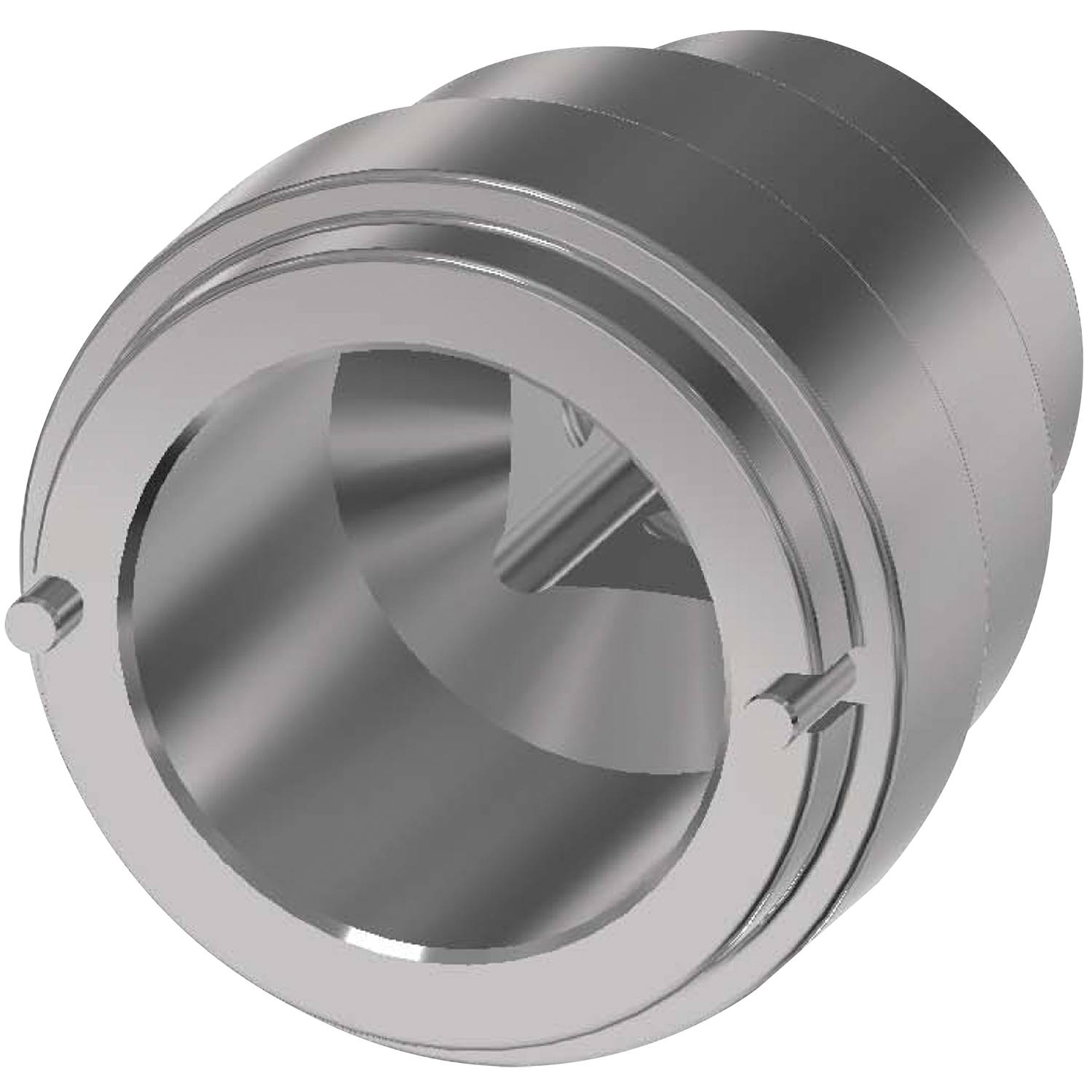 Ein metallisches zylindrisches Objekt mit Rillen und einer offenen Seite, das einem mechanischen Bauteil oder einer Komponente ähnelt.