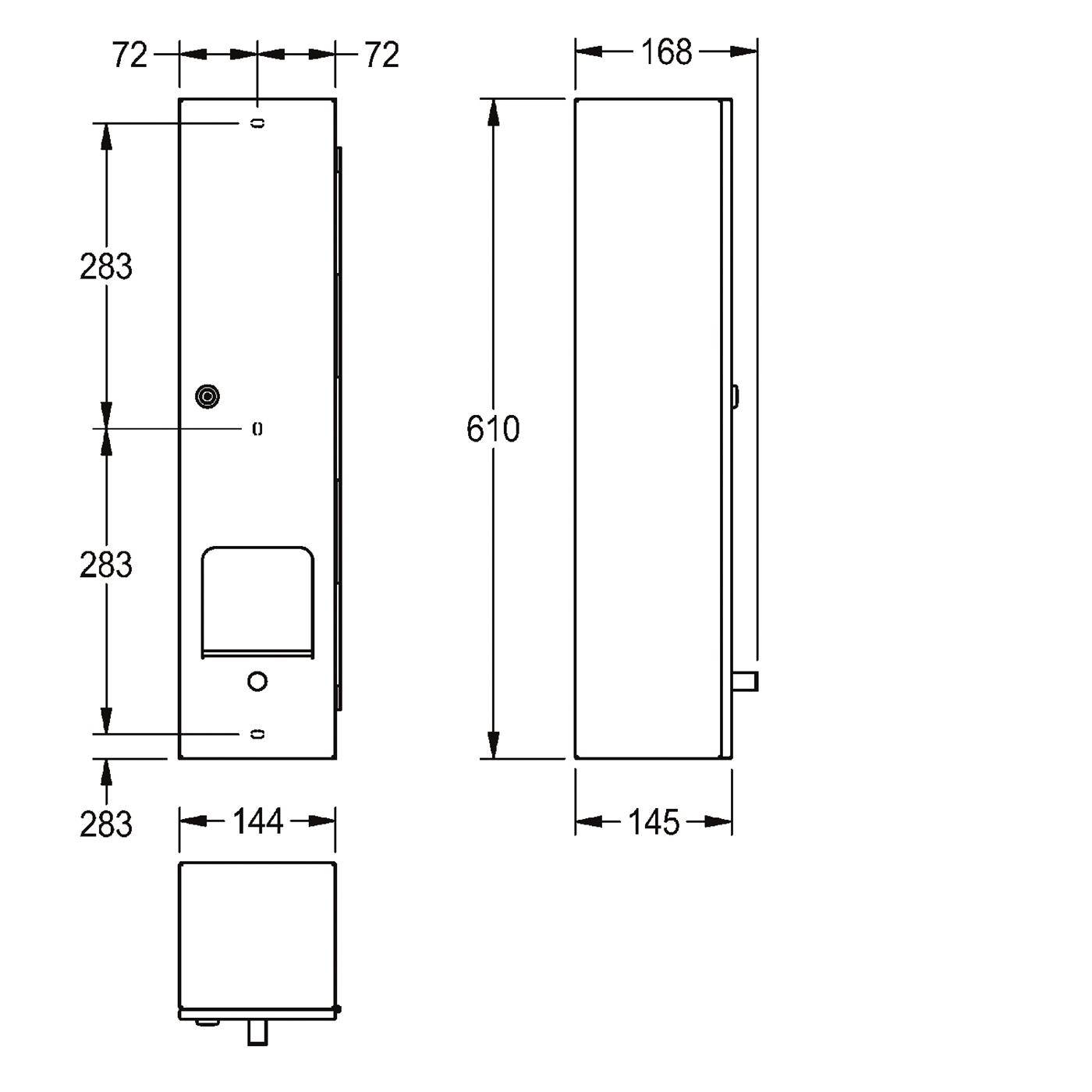 Bemaßte technische Zeichnung einer rechteckigen wandmontierten Einheit mit Vorder-, Seiten- und Draufsicht mit Abmessungen von 610 mm Höhe, 168 mm Tiefe und 145 mm Breite.