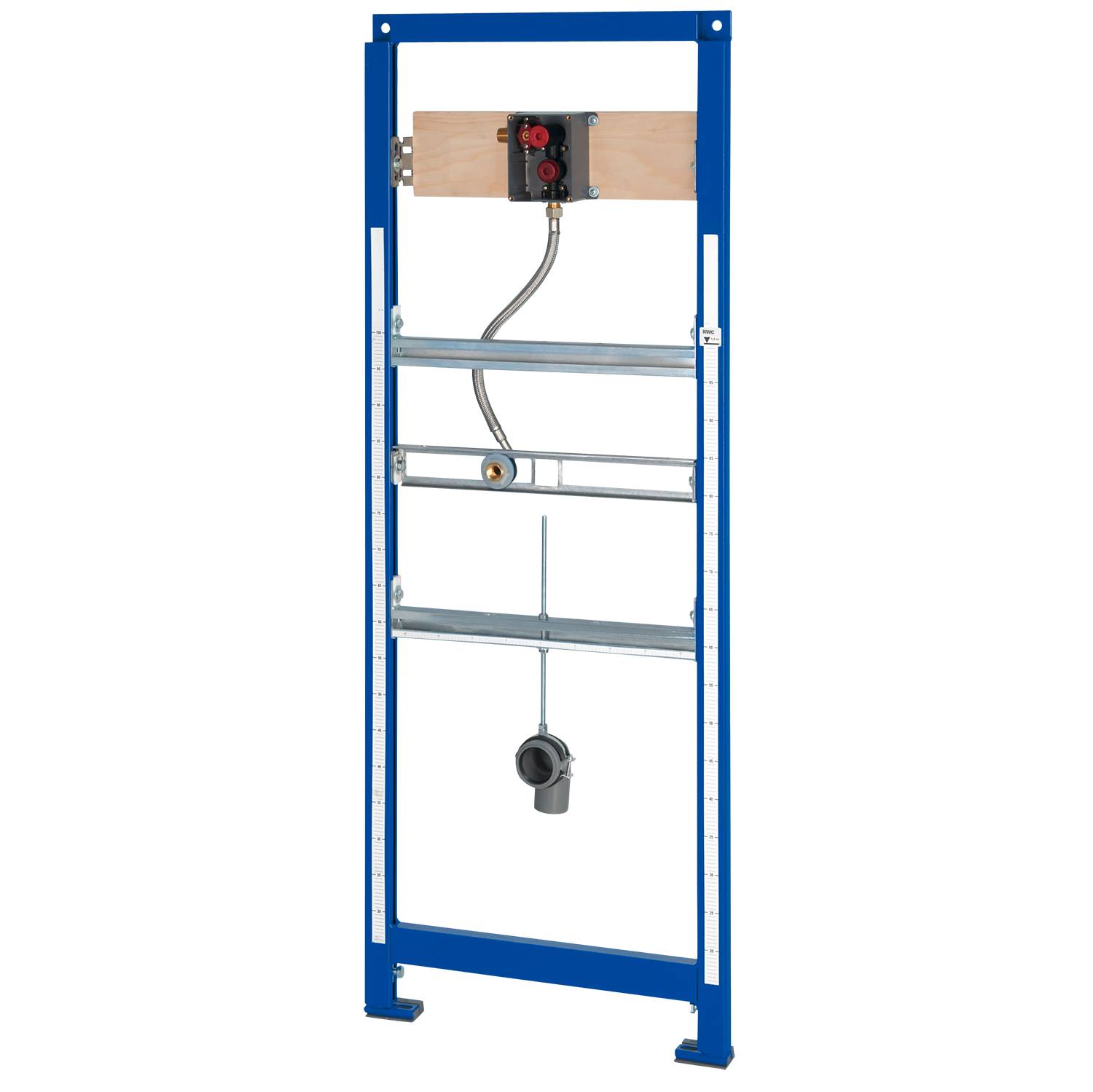 Ein blauer wandmontierter Installationsrahmen für ein wandhängendes WC mit zentralem Wasserzulauf, Spülsystem und Ablaufanschluss am unteren Ende.