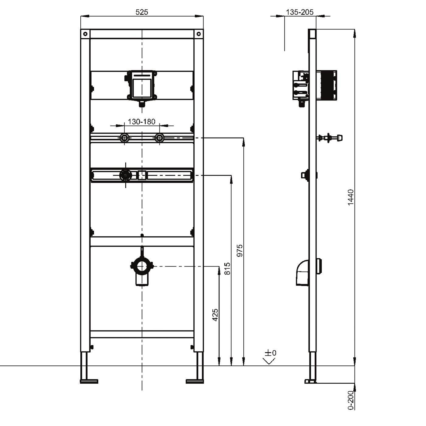 Technische Abmessungszeichnung einer rechteckigen Rahmeneinheit, dargestellt in Front- und Seitenansicht, mit beschrifteten Maßen von 525 breit, 1440 hoch und Tiefe 135-205.