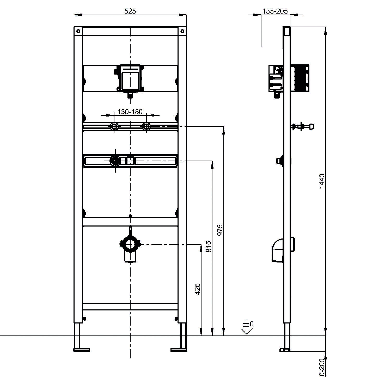 Technische Zeichnung eines Toiletteninstallationssystems, die Vorder- und Seitenansichten mit Abmessungen zeigt, einschließlich Höhen und Breiten in Millimetern.