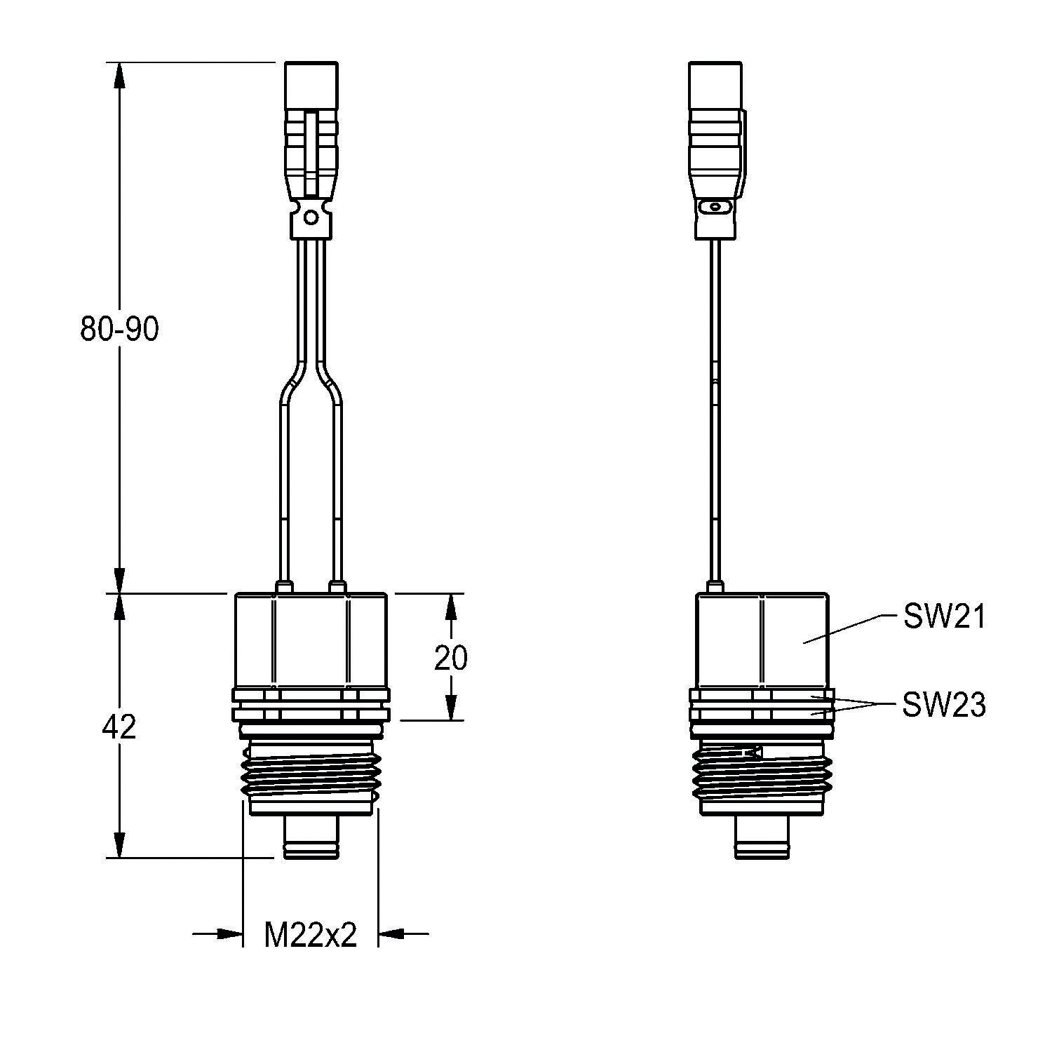 Technische Zeichnung mit zwei Ansichten einer gewindeten zylindrischen Komponente mit Drähten, gekennzeichnet mit M22x2. Abmessungen: 80-90, 42, 20.