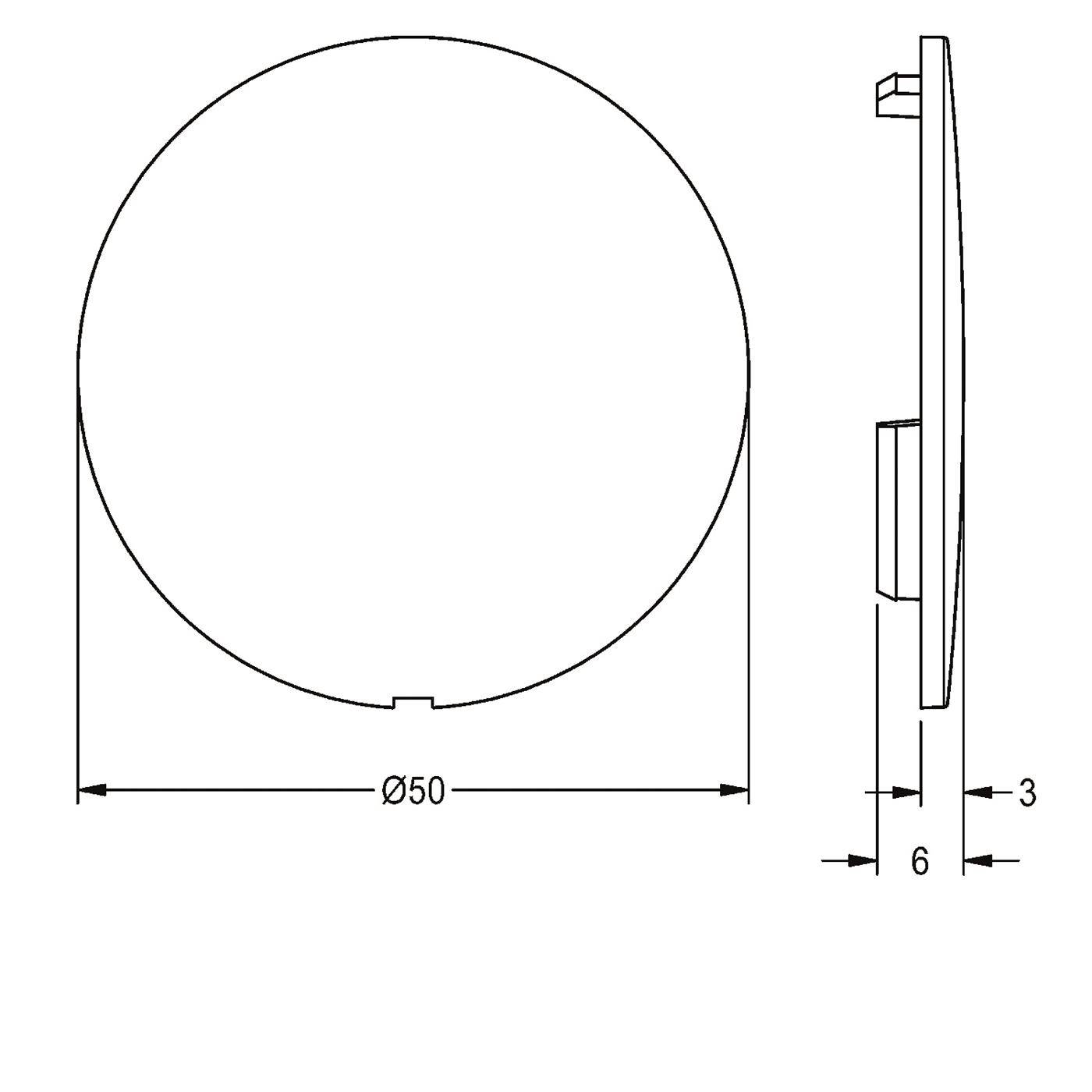 Technische Zeichnung eines kreisförmigen Teils, Vorder- und Seitenansicht, mit 50 mm Durchmesser und 6 mm Stärke, plus ein 3 mm Versatzdetail.