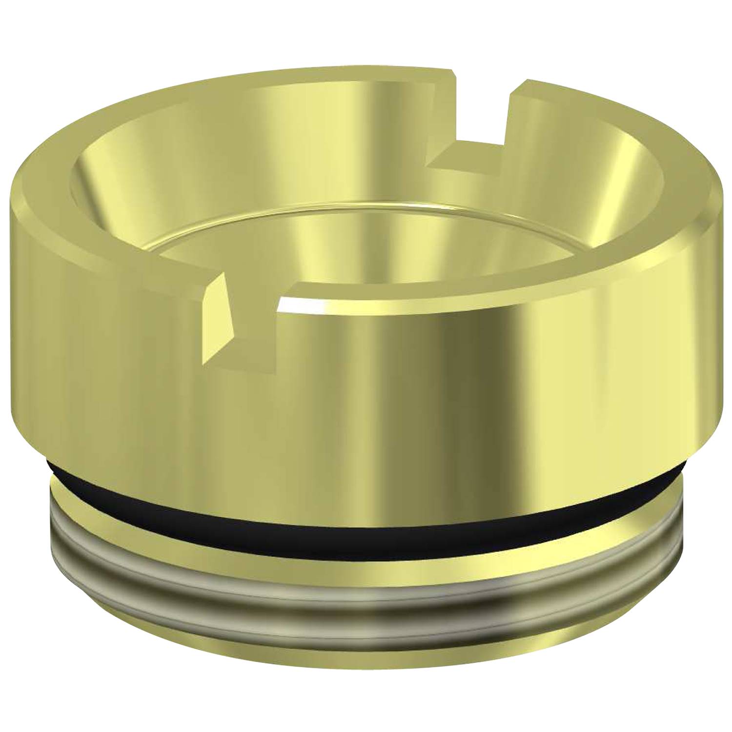 Goldene metallische Kreiskomponente mit gezacktem Rand und Gummiring an der Basis, wahrscheinlich Teil einer mechanischen oder sanitären Baugruppe.