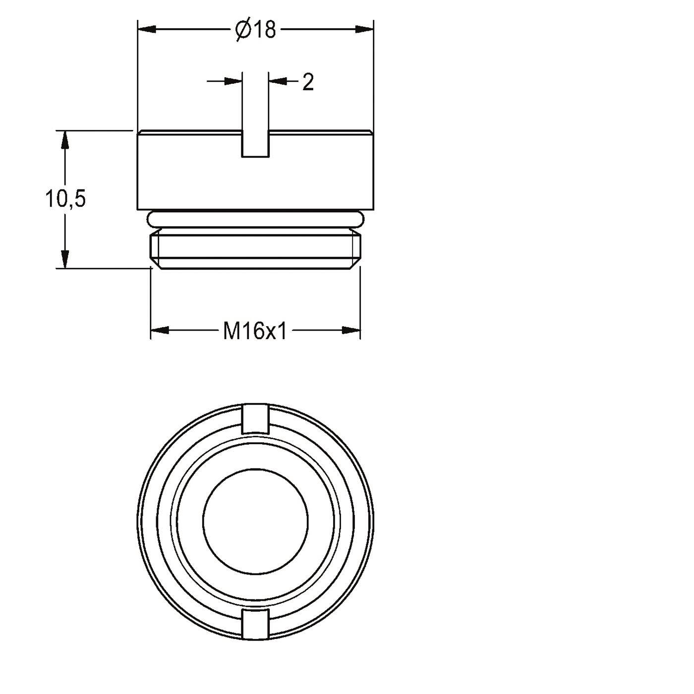 Technische Zeichnung eines kreisförmigen Gewindelteils mit Draufsicht und Vorderansicht, beschriftet mit Ø18, 10,5, 2 und M16x1, mit schlitziger Oberseite und ringförmigem Sockel.