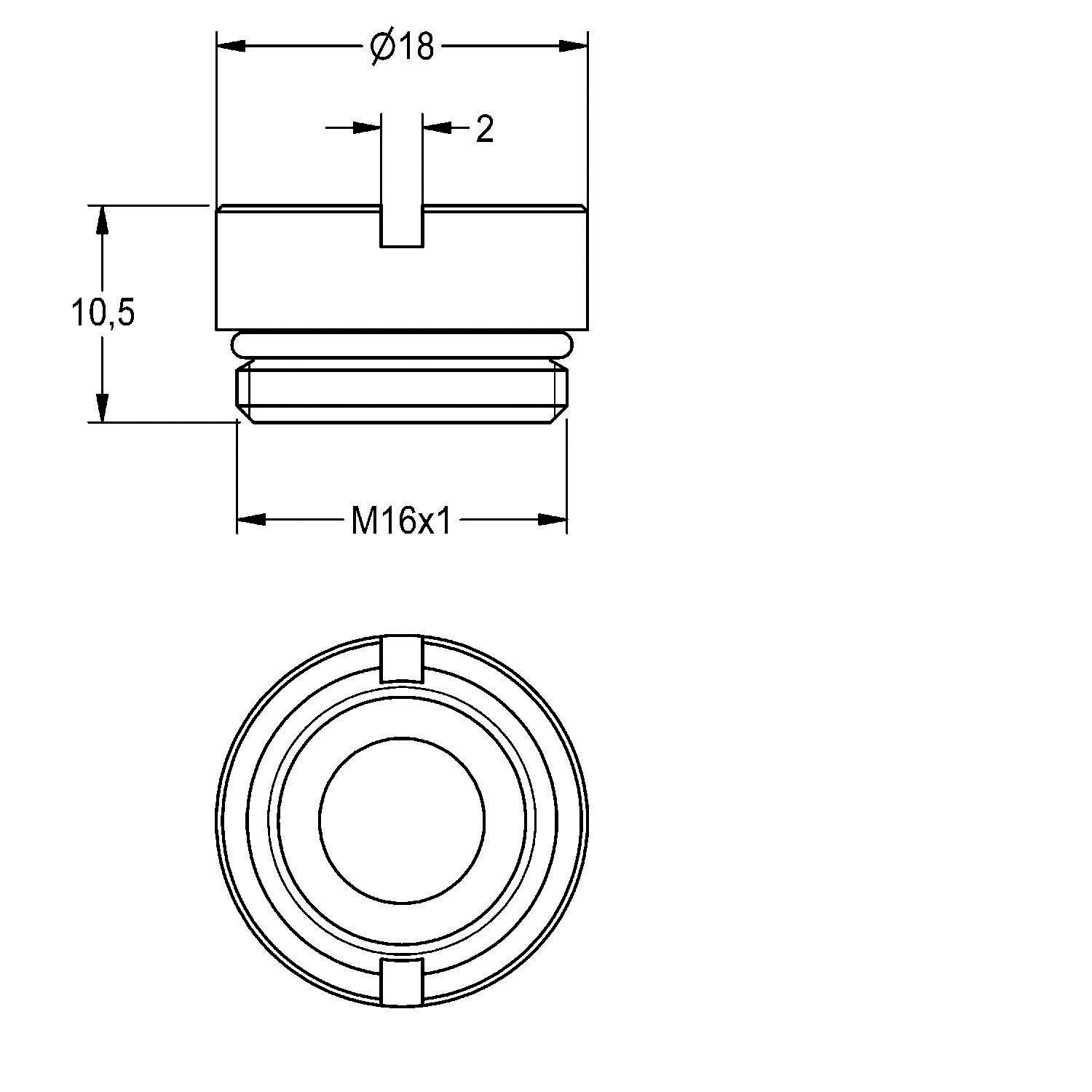 Technische Zeichnung einer zylindrischen Komponente: Abmessungen umfassen Durchmesser 18 mm, Höhe 10,5 mm, Gewindegröße M16x1, Ansicht von oben und von der Seite.