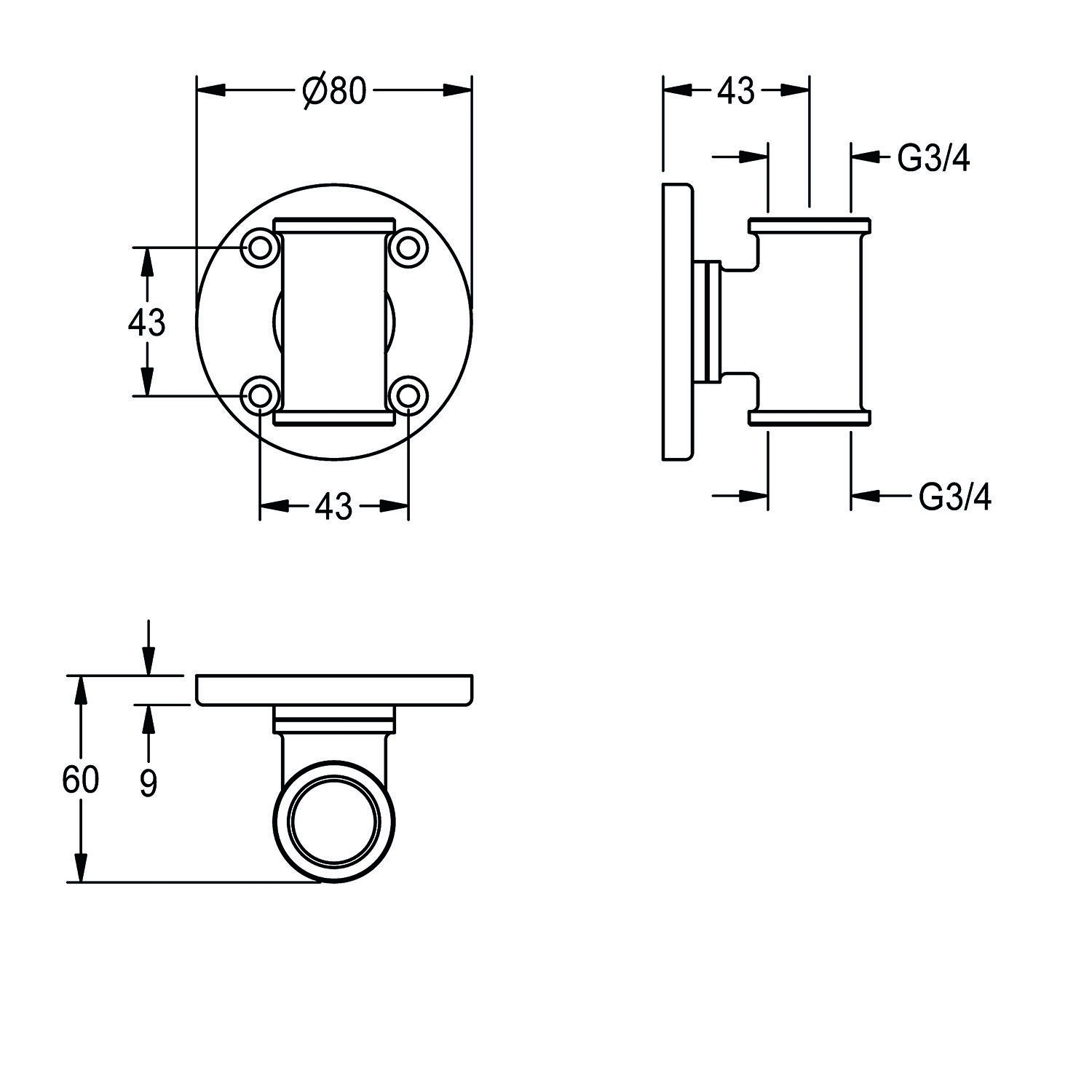 Technische Zeichnung einer Rohrkonsole mit Maßangaben. Frontansicht zeigt eine Basis mit 80 mm Durchmesser, Seitenansicht zeigt 43 mm lange Anschlüsse und Zentralansicht kennzeichnet Rohrverbindungspunkte mit G3/4-Beschriftung.