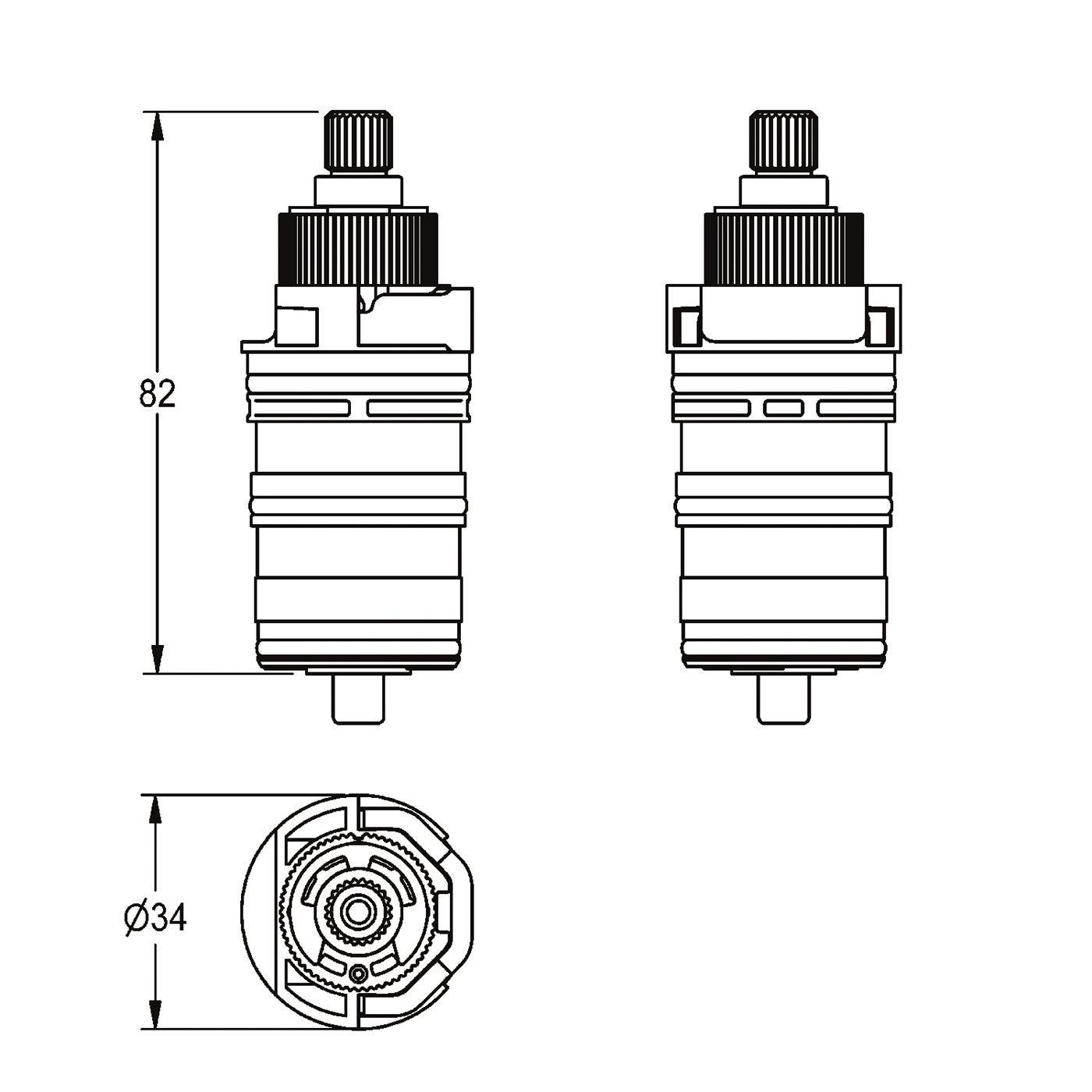 Technische Linienzeichnung eines zylindrischen Maschinenteils dargestellt in Front-, Seiten- und Draufsicht, mit Abmessungen 82 mm Höhe und 34 mm Durchmesser.