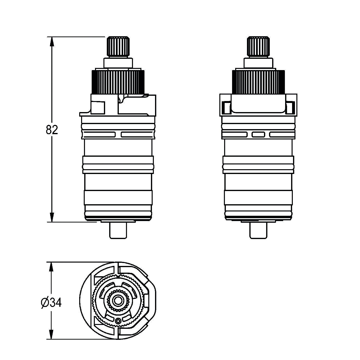 Technische Zeichnung einer zylindrischen Komponente, Abmessungen 82 mm Höhe und 34 mm Durchmesser, mit beschrifteter Querschnittsansicht.