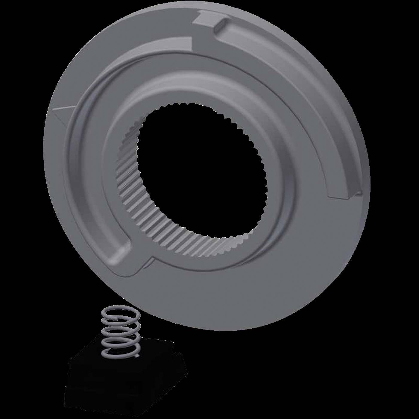 3D-Darstellung eines kreisförmigen grauen mechanischen Rings mit einer gezahnten zentralen Öffnung, positioniert über einer kleinen, auf einer schwarzen Basis montierten Feder.