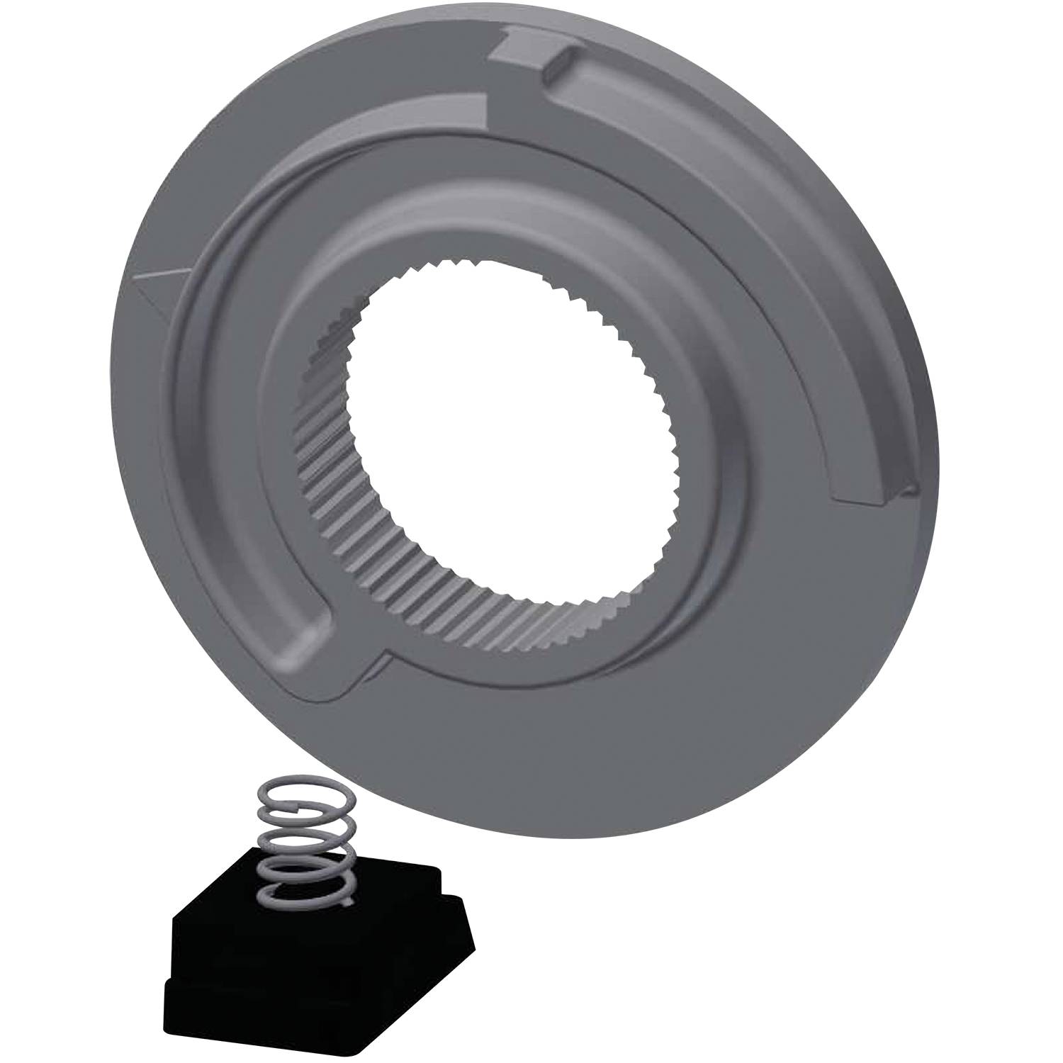 Eine kreisförmige graue mechanische Komponente mit einem zahnradähnlichen Innenring und Rillen an der Außenkante ist über einer kleinen Metallfeder positioniert.