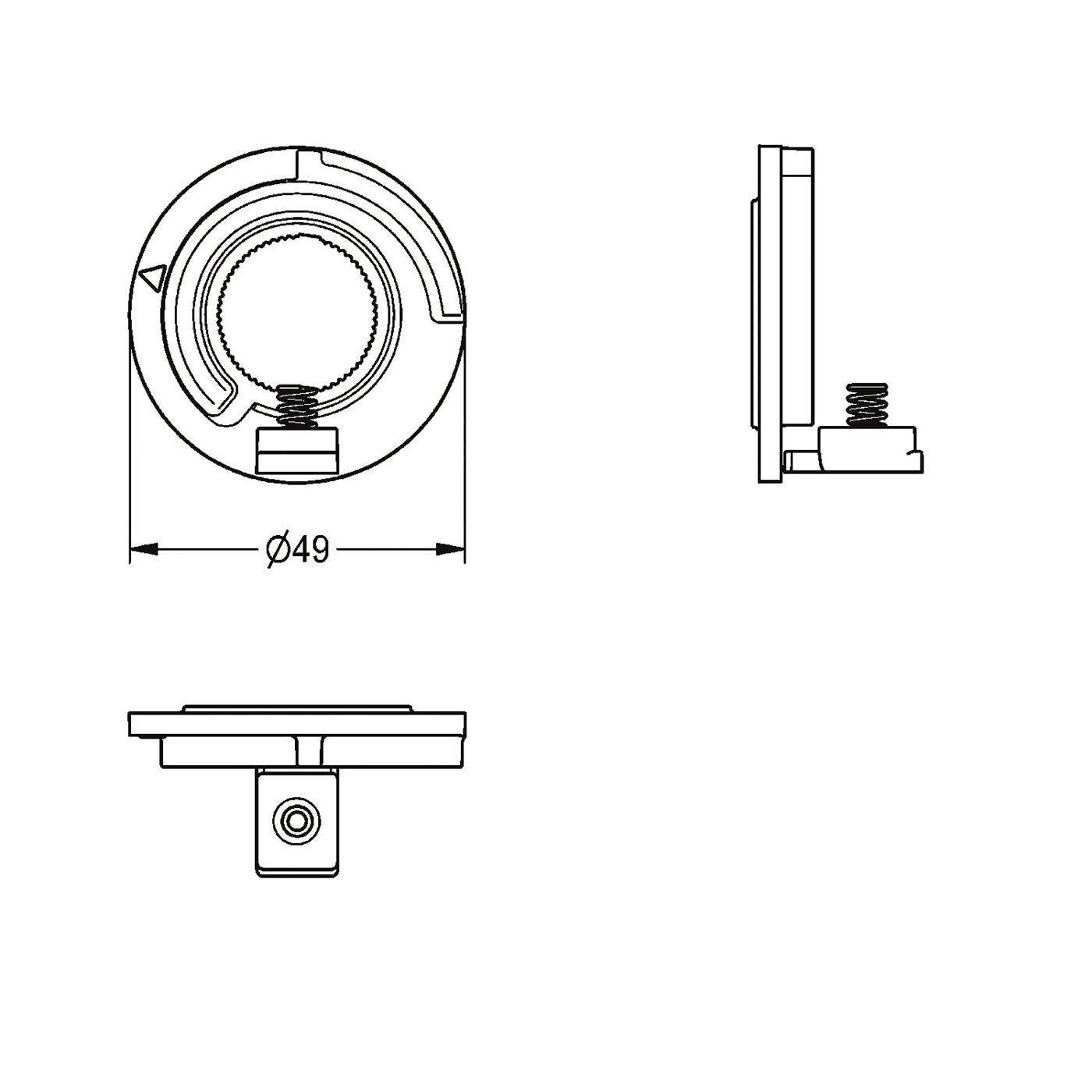 Technische Zeichnung eines kreisförmigen mechanischen Teils, das in Vorder-, Seiten- und Bodenansicht dargestellt ist, mit dem Durchmesser gekennzeichnet als 'Ø49'.